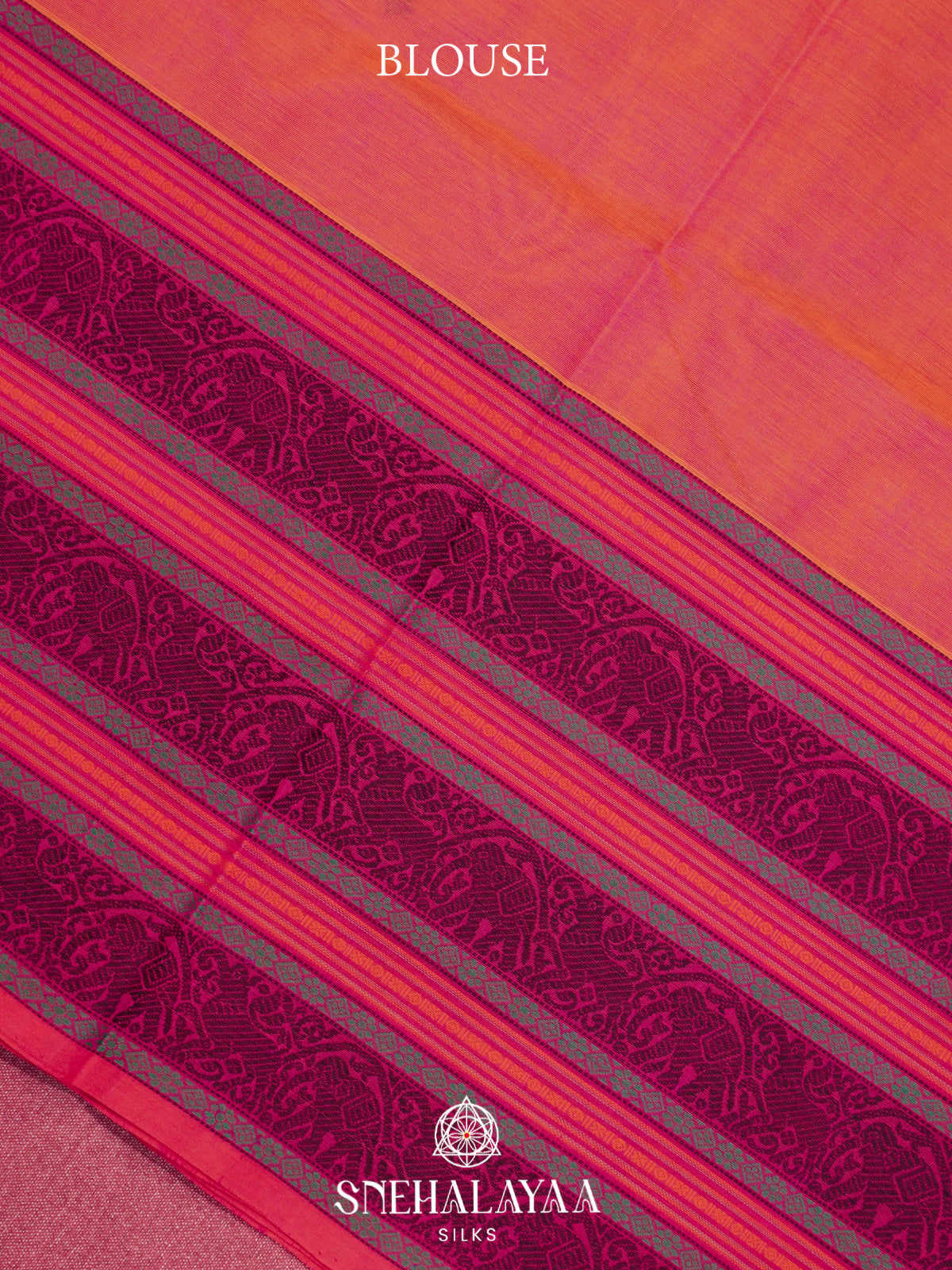 Peach Kanchi Silk Cotton Saree with Wine Elephant Border