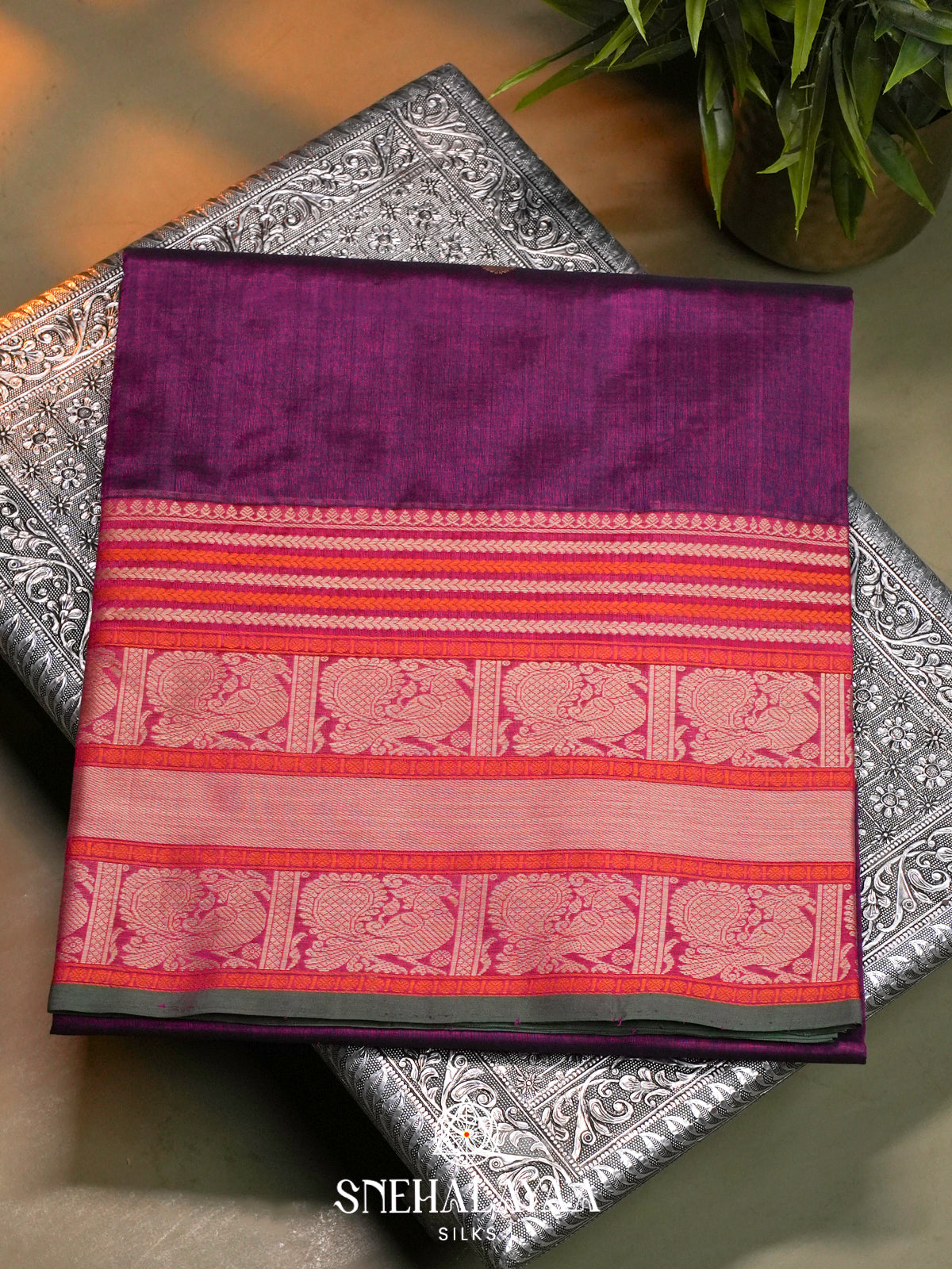 Plum Purple Kanchi Silk Cotton Saree with Peacock Border