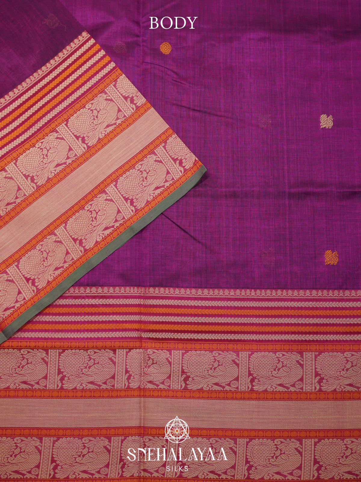 Plum Purple Kanchi Silk Cotton Saree with Peacock Border