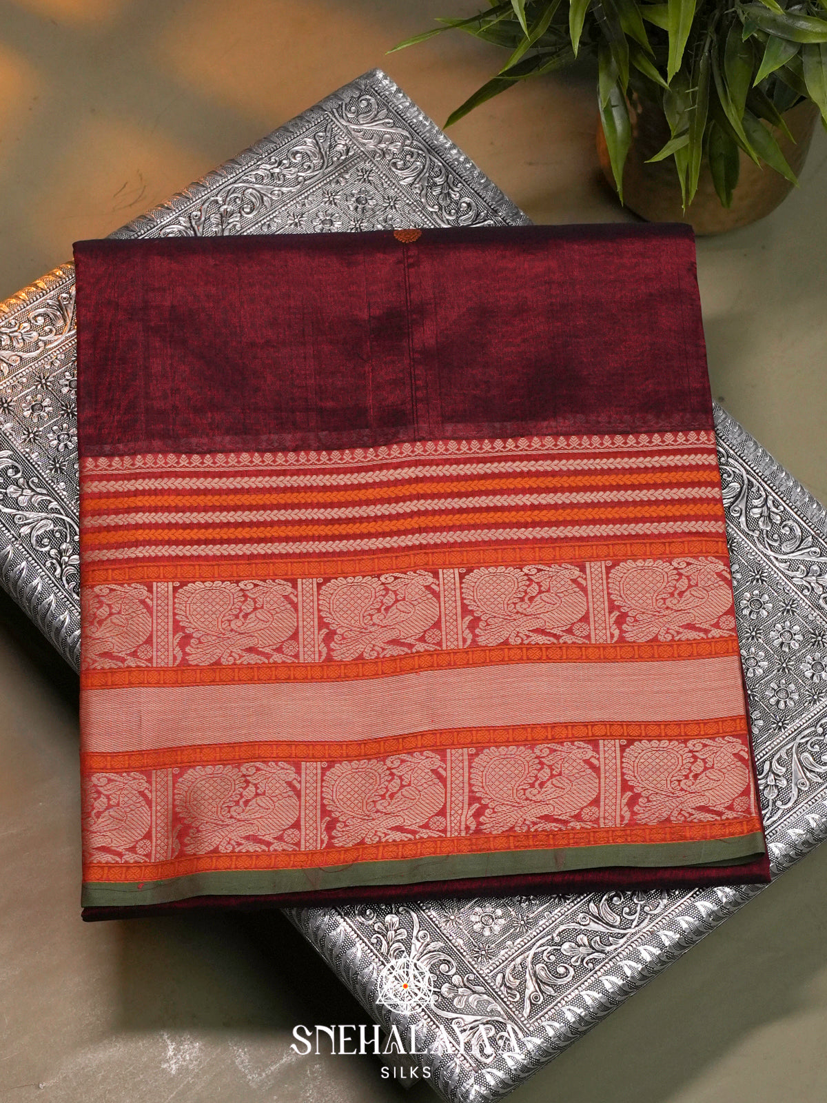 Maroon Kanchi Silk Cotton Saree with Peacock Border