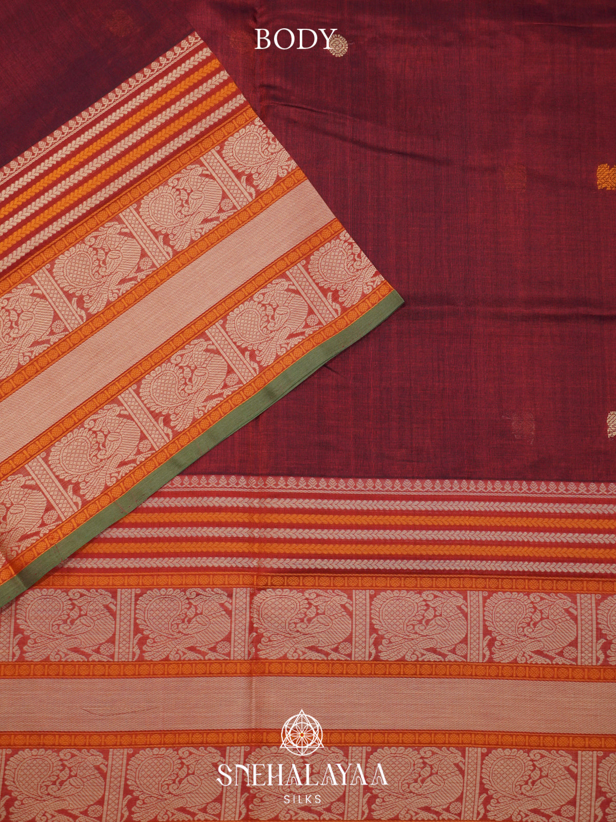 Maroon Kanchi Silk Cotton Saree with Peacock Border