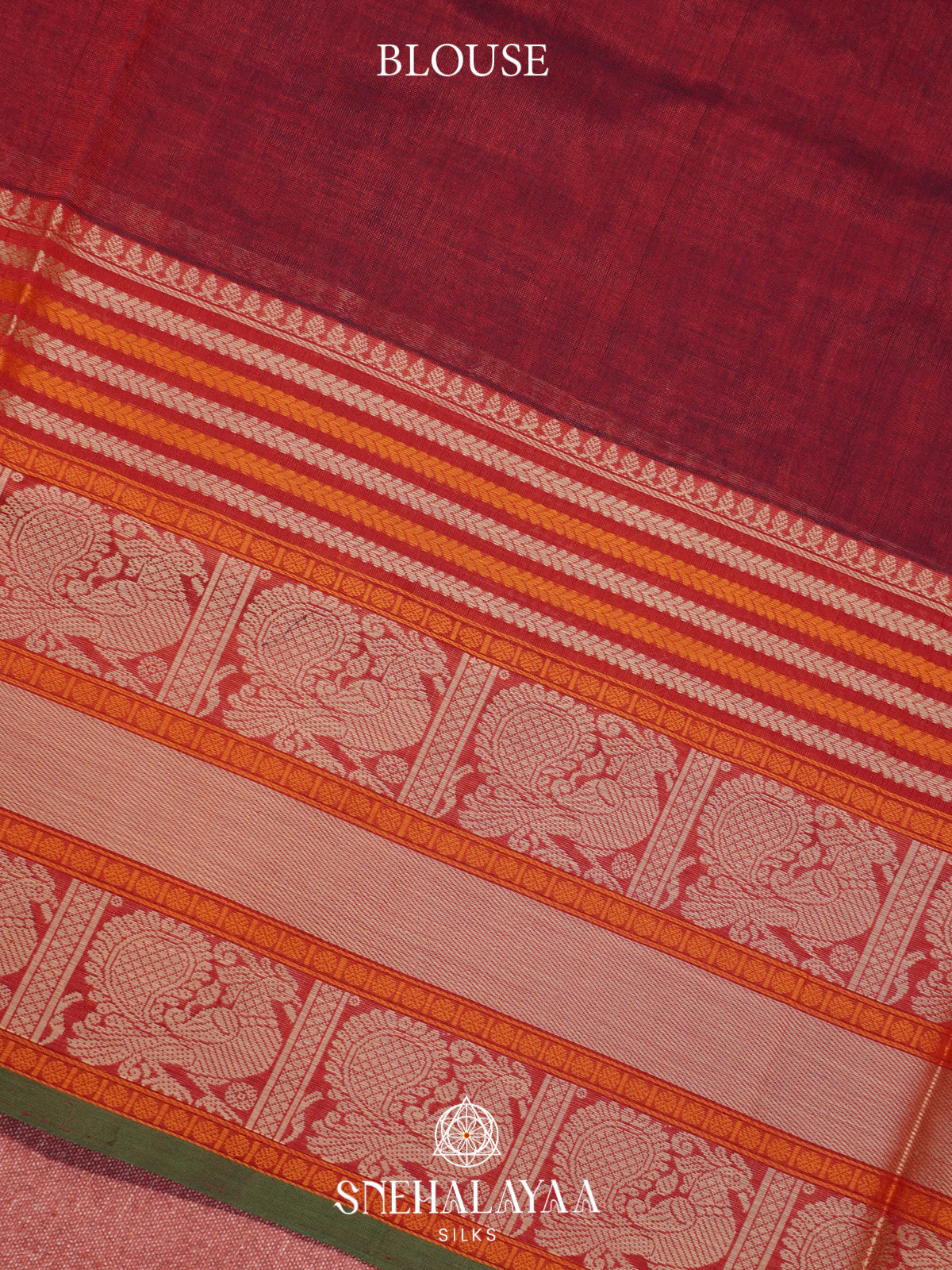 Maroon Kanchi Silk Cotton Saree with Peacock Border