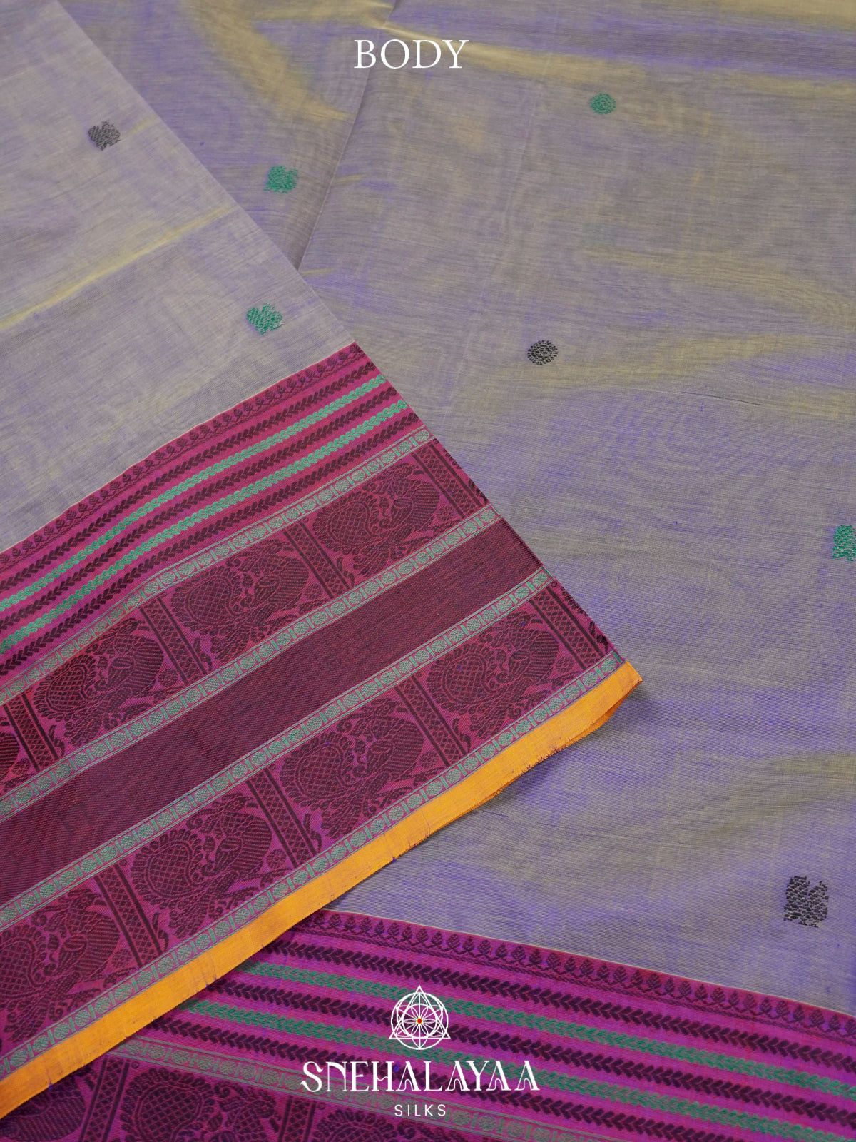 Grey Kanchi Silk Cotton Saree with Magenta Peacock Border