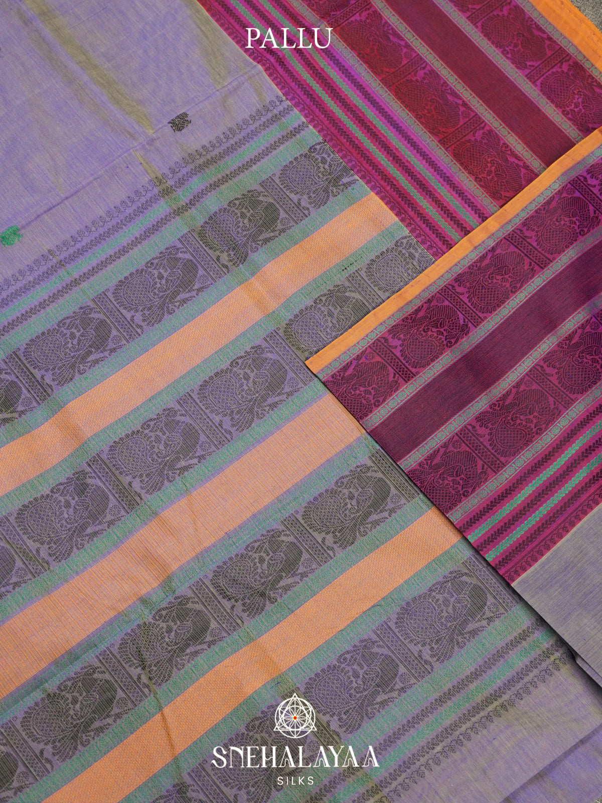 Grey Kanchi Silk Cotton Saree with Magenta Peacock Border