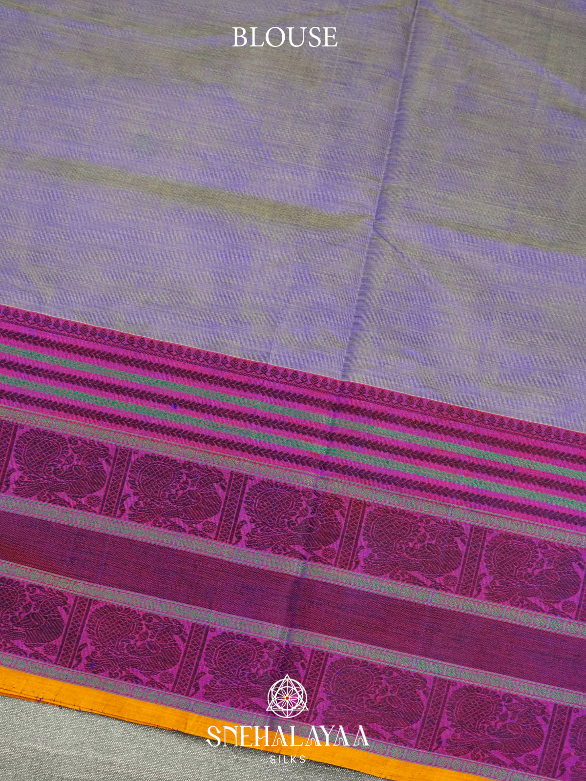 Grey Kanchi Silk Cotton Saree with Magenta Peacock Border