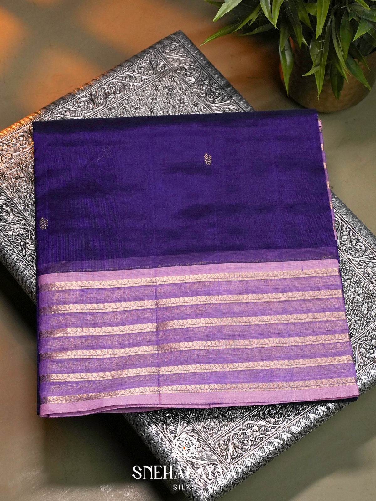 Indigo Purple Kanchi Silk Cotton Saree with Lavender Striped Border