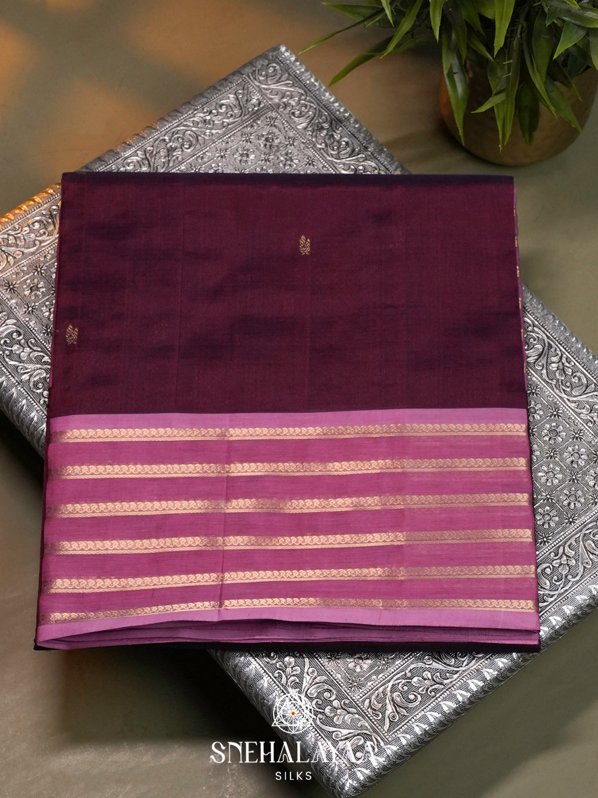 Wine Maroon Kanchi Silk Cotton Saree with Mauve Striped Border