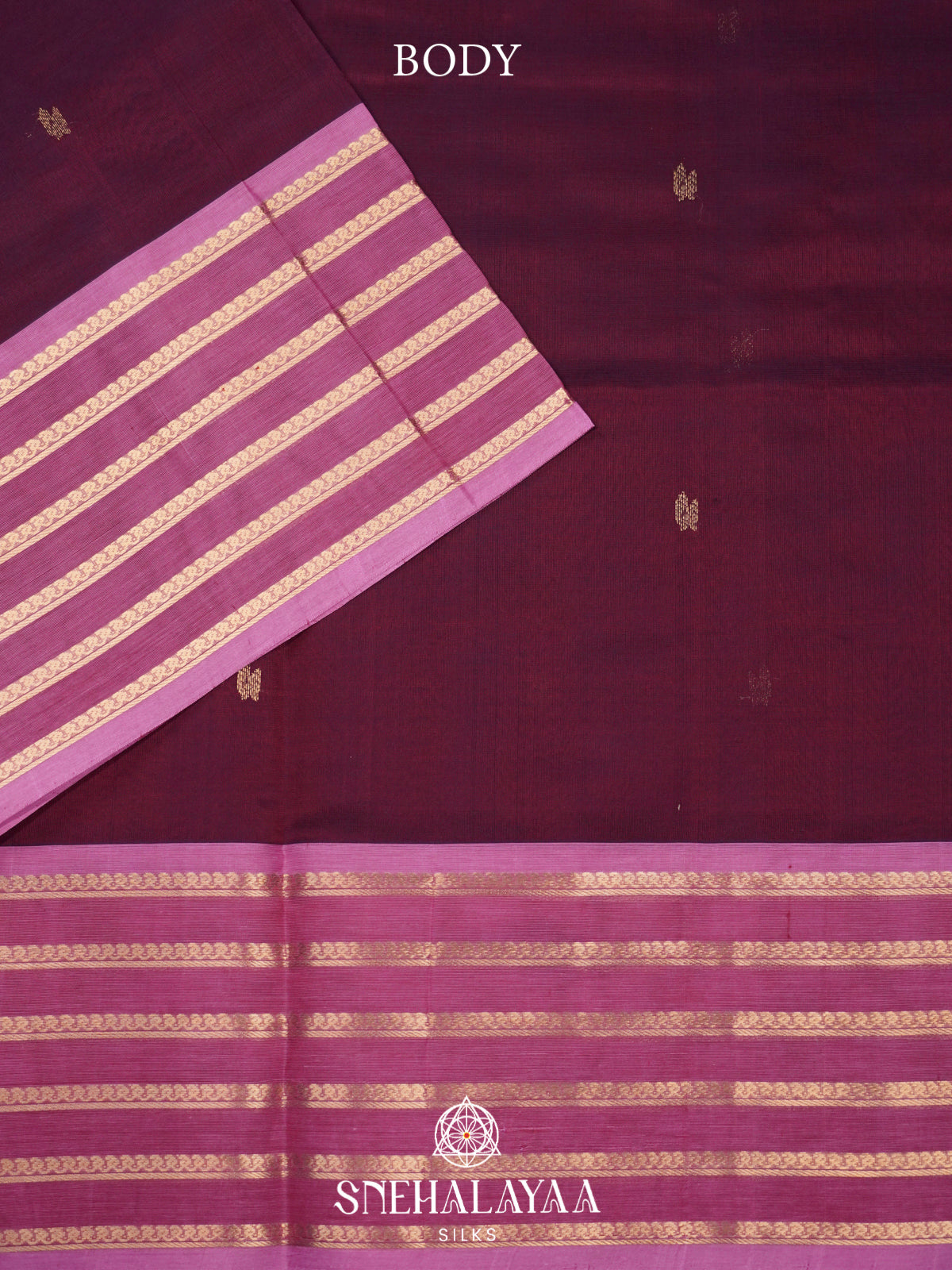 Wine Maroon Kanchi Silk Cotton Saree with Mauve Striped Border