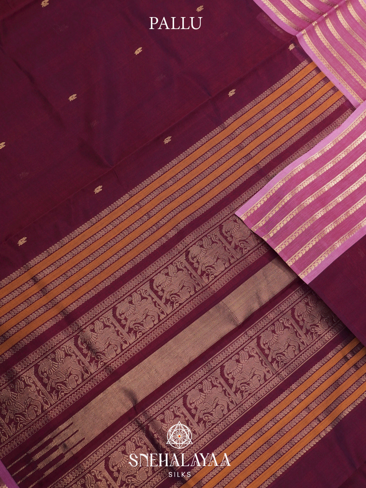 Wine Maroon Kanchi Silk Cotton Saree with Mauve Striped Border