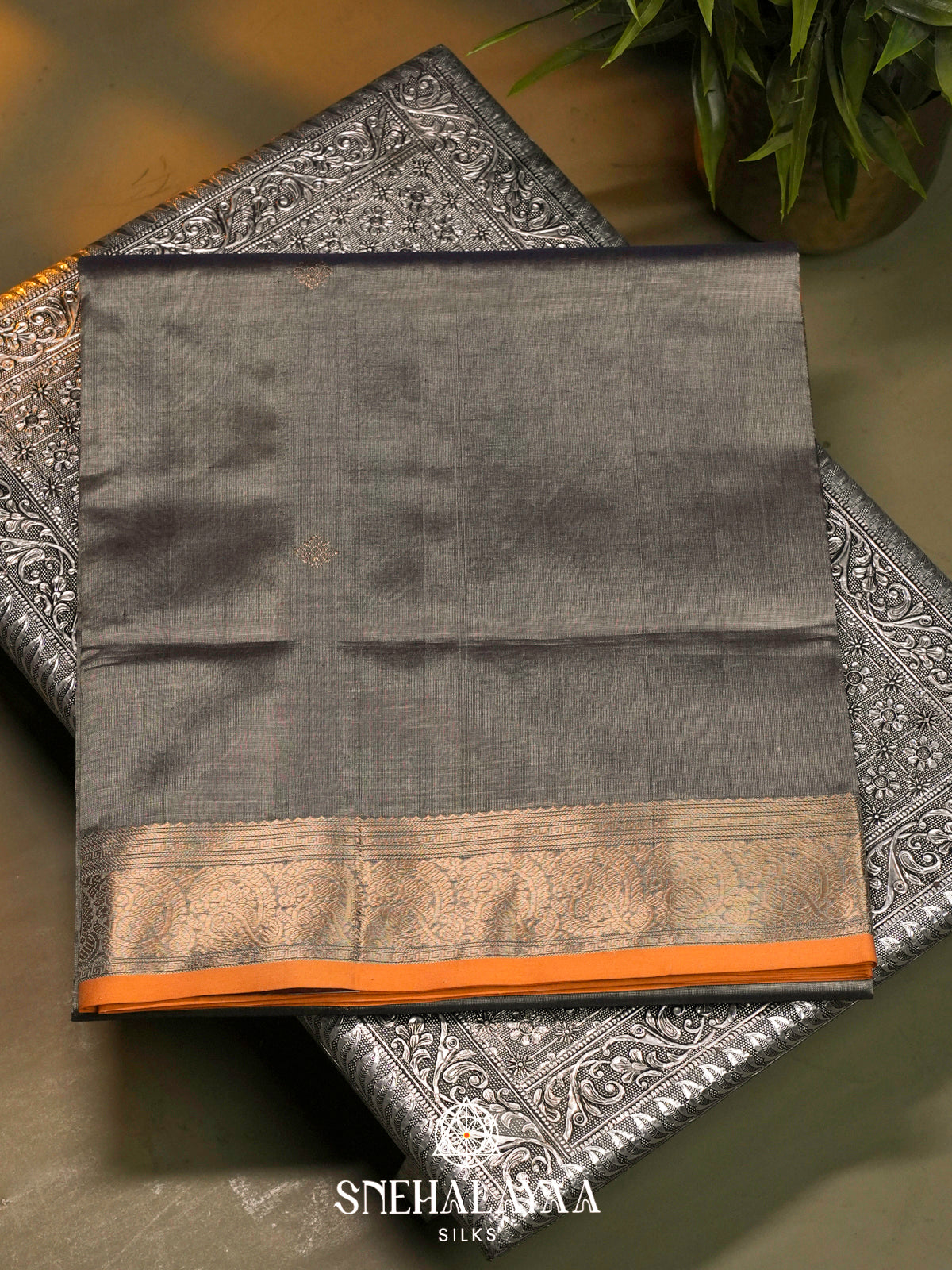 Grey Kanchi Silk Cotton Saree with Antique Gold Border