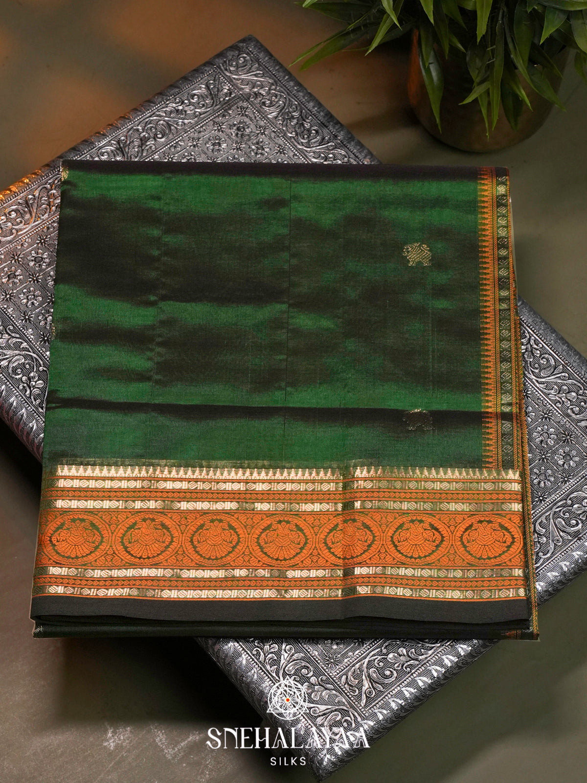 Emerald Green Kanchi Silk Cotton Saree with Mustard Orange Rudraksham Border