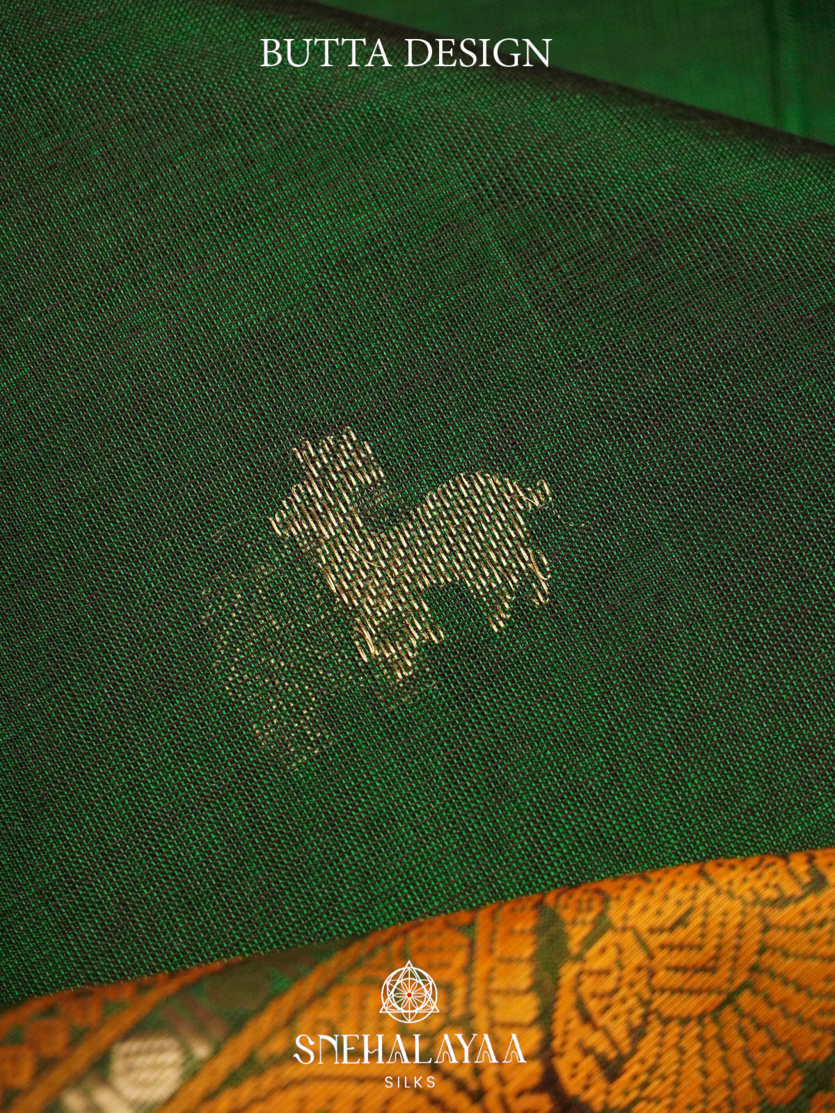 Emerald Green Kanchi Silk Cotton Saree with Mustard Orange Rudraksham Border