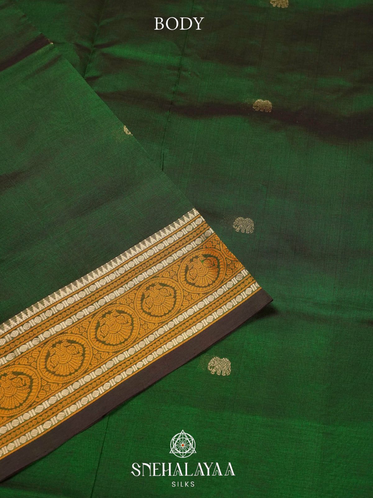 Emerald Green Kanchi Silk Cotton Saree with Mustard Orange Rudraksham Border
