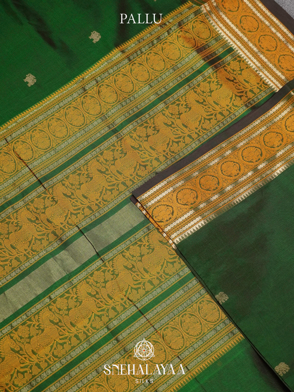 Emerald Green Kanchi Silk Cotton Saree with Mustard Orange Rudraksham Border
