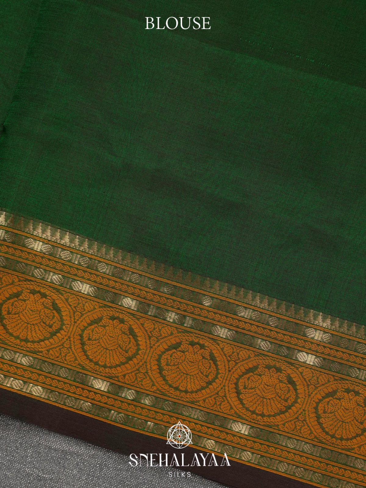 Emerald Green Kanchi Silk Cotton Saree with Mustard Orange Rudraksham Border