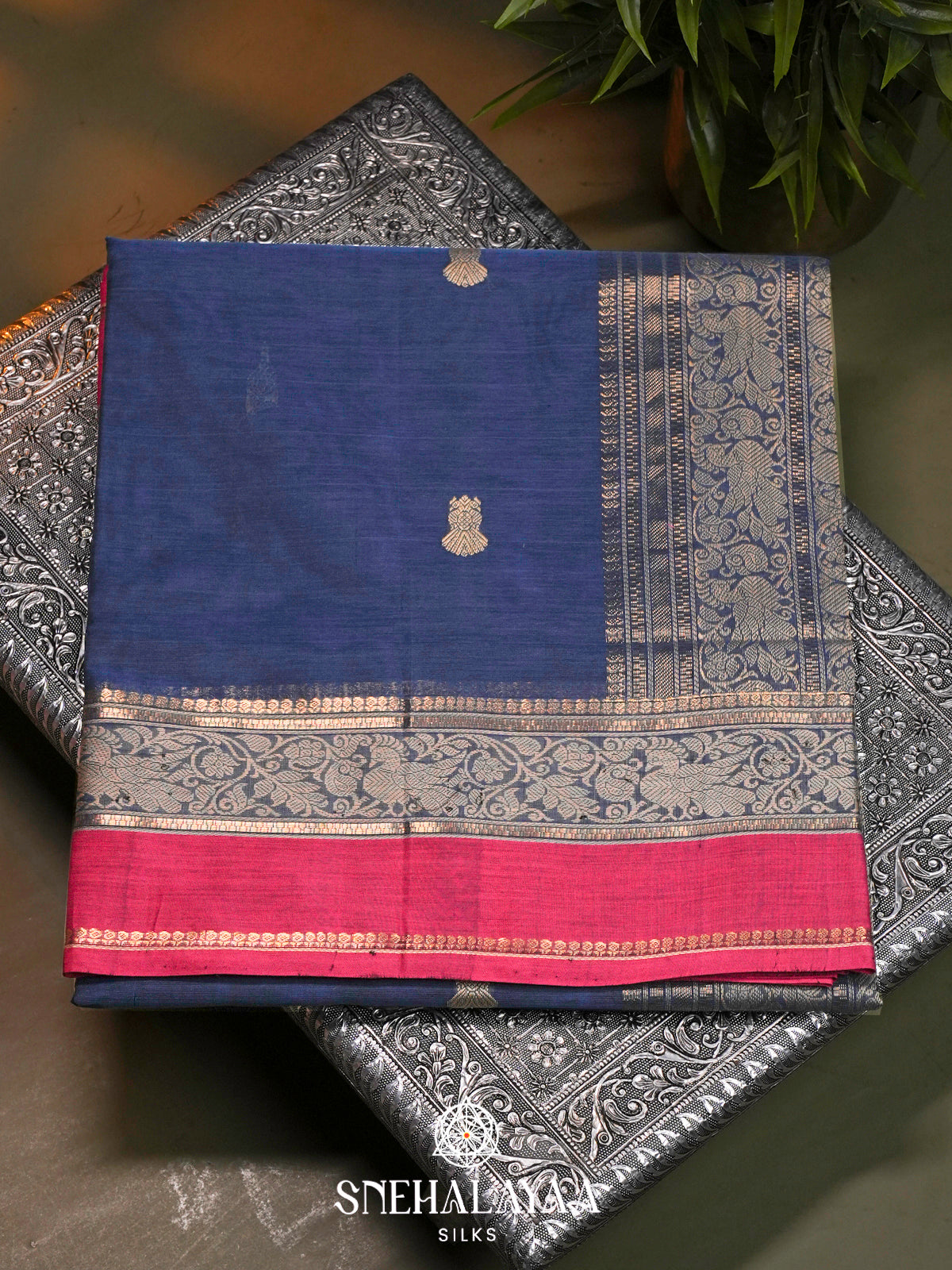 Royal Indigo Blue Kanchi Silk Cotton Saree with Magenta Pink Border