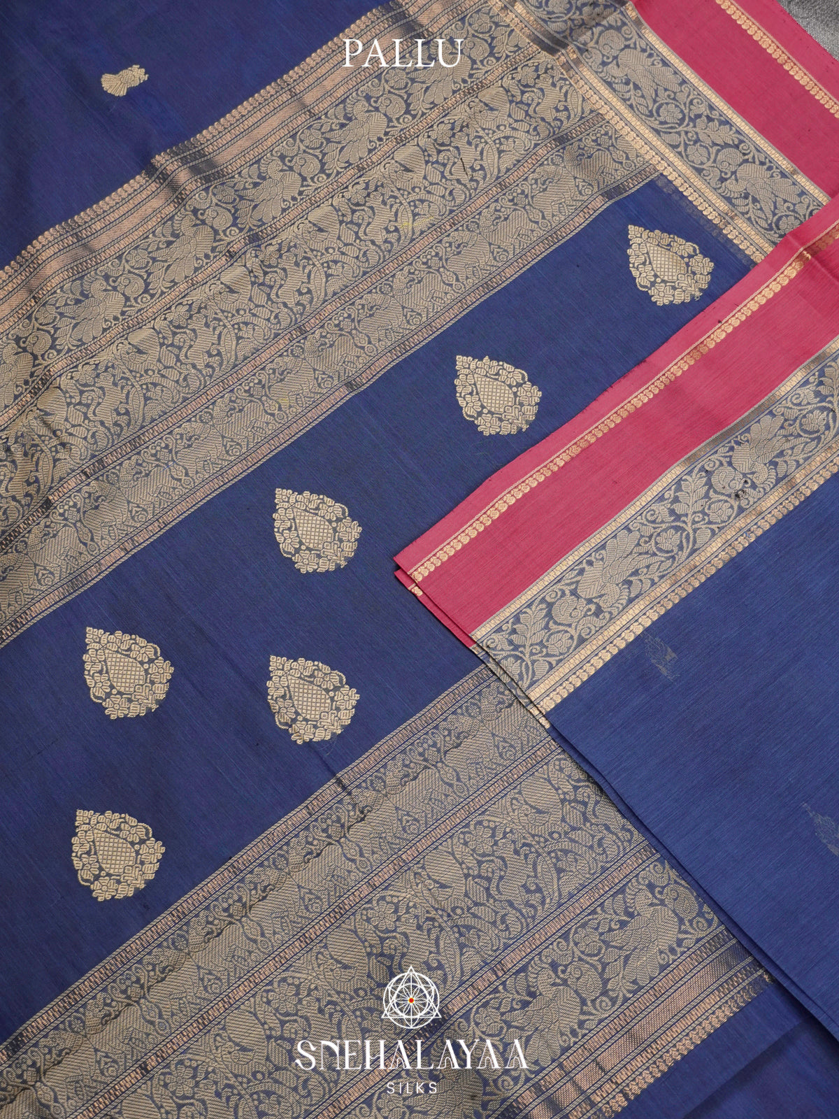 Royal Indigo Blue Kanchi Silk Cotton Saree with Magenta Pink Border