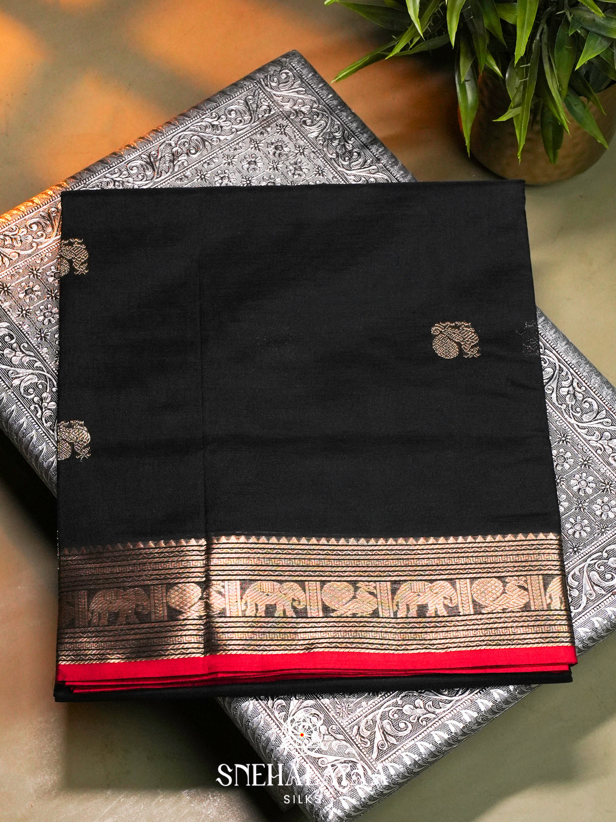 Jet Black Kanchi Silk Cotton Saree with Antique Gold Animal Motifs Border