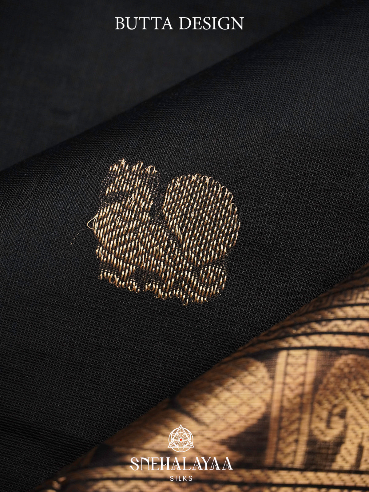 Jet Black Kanchi Silk Cotton Saree with Antique Gold Animal Motifs Border
