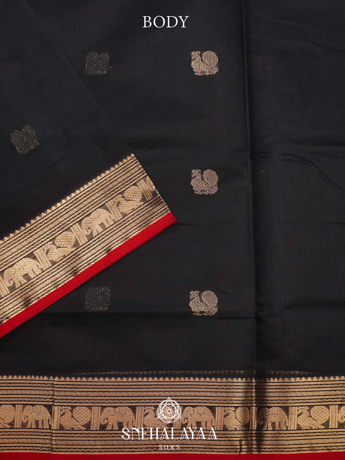 Jet Black Kanchi Silk Cotton Saree with Antique Gold Animal Motifs Border