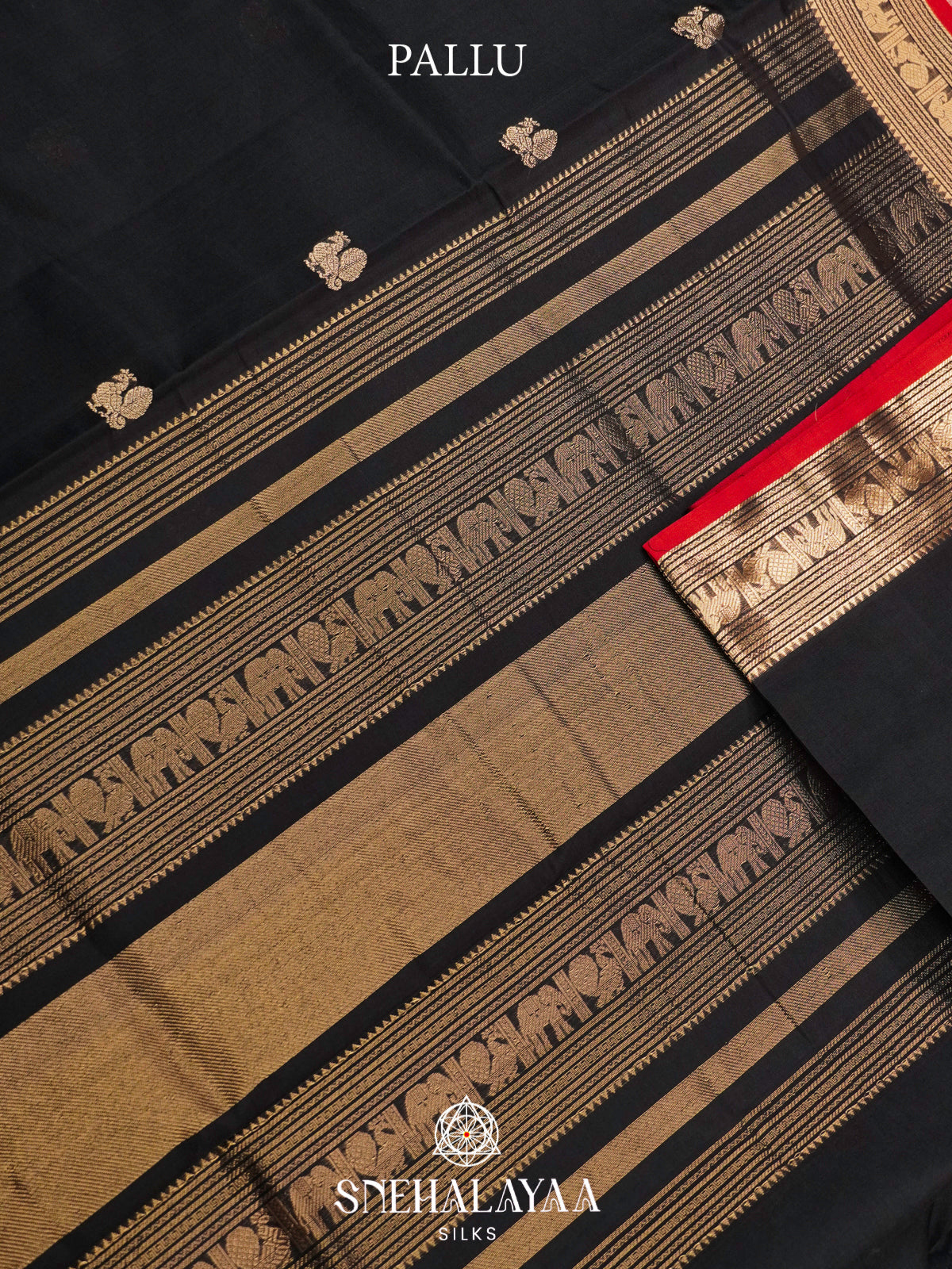 Jet Black Kanchi Silk Cotton Saree with Antique Gold Animal Motifs Border