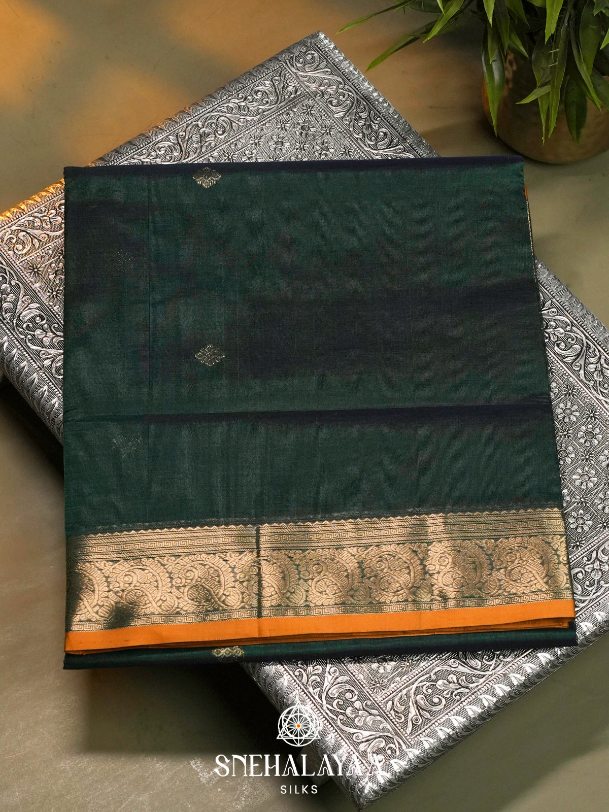 Deep Bottle Green Kanchi Silk Cotton Saree with Mustard Orange Border