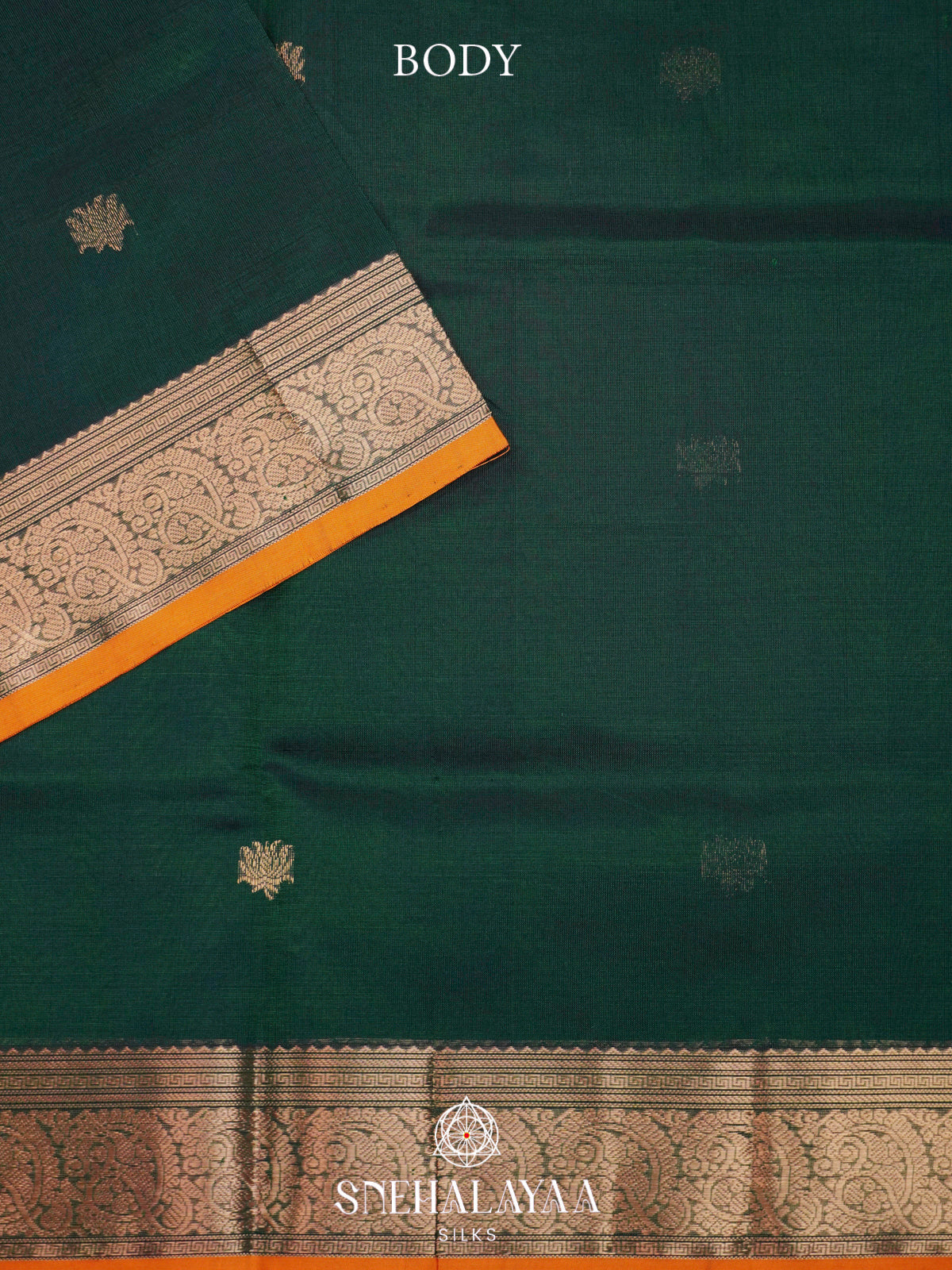 Deep Bottle Green Kanchi Silk Cotton Saree with Mustard Orange Border