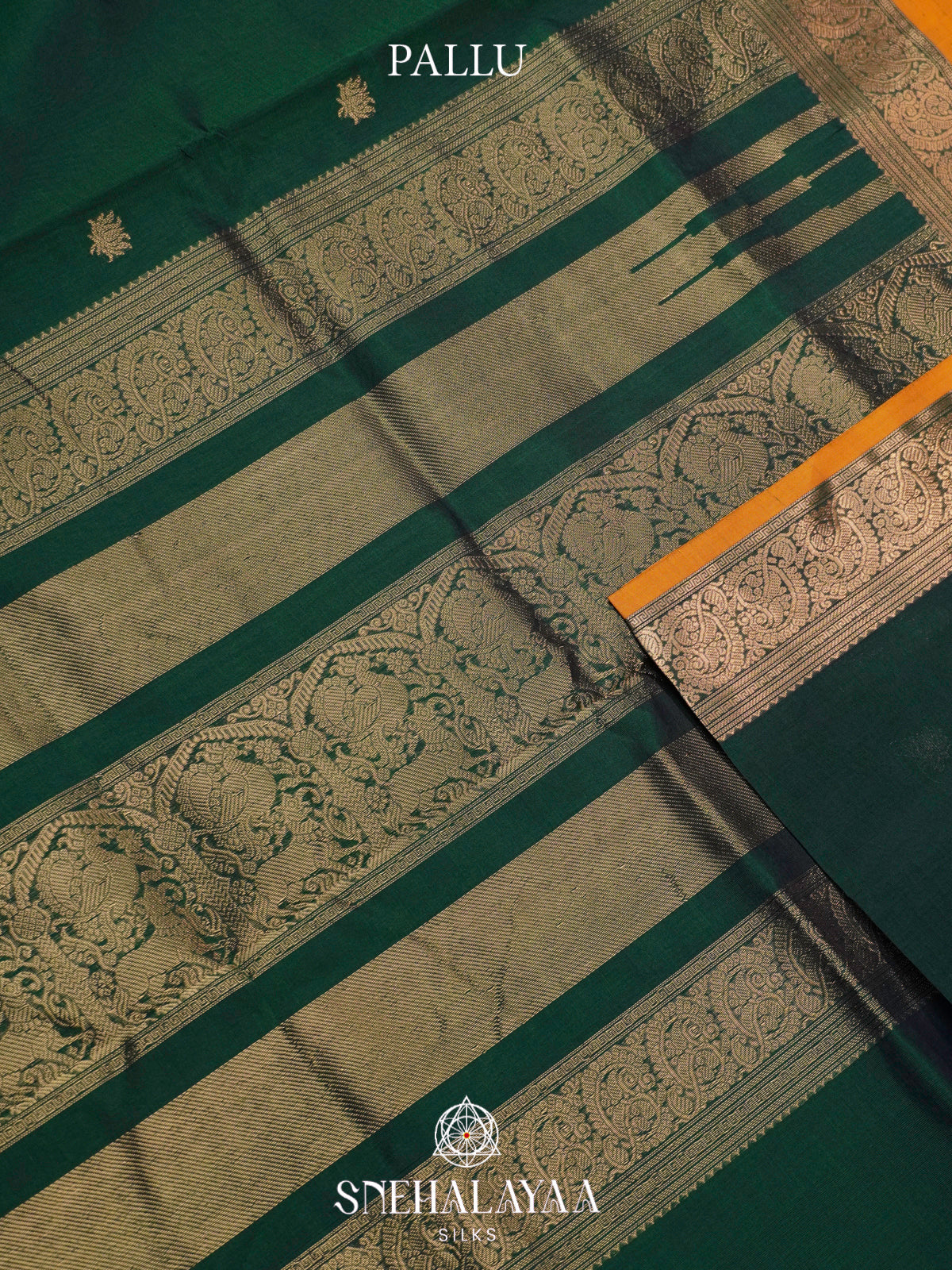 Deep Bottle Green Kanchi Silk Cotton Saree with Mustard Orange Border