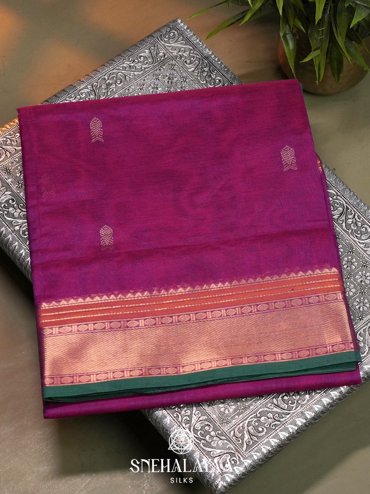 Magenta Kanchi Silk Cotton Saree with Teal Green Border
