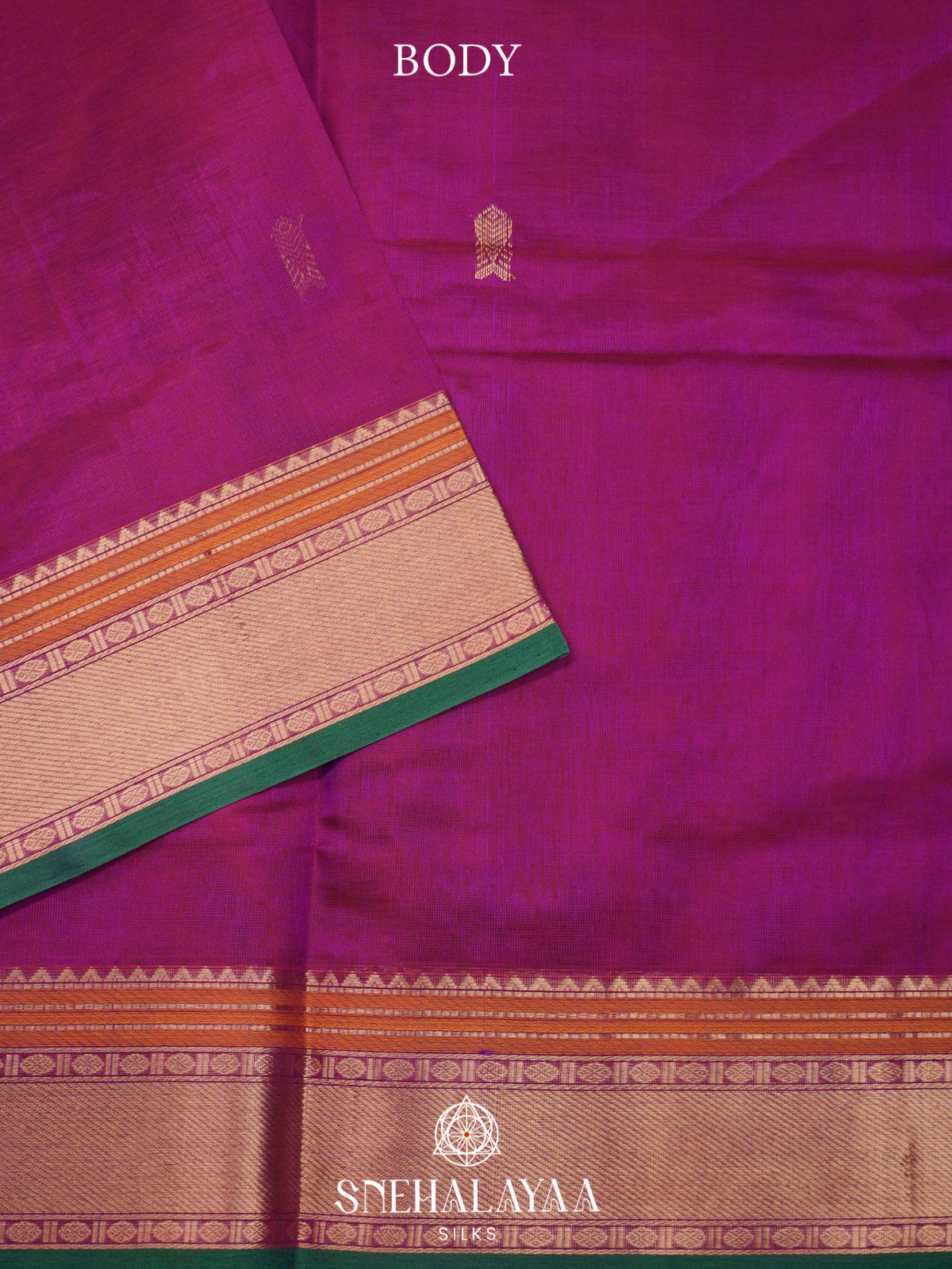 Magenta Kanchi Silk Cotton Saree with Teal Green Border