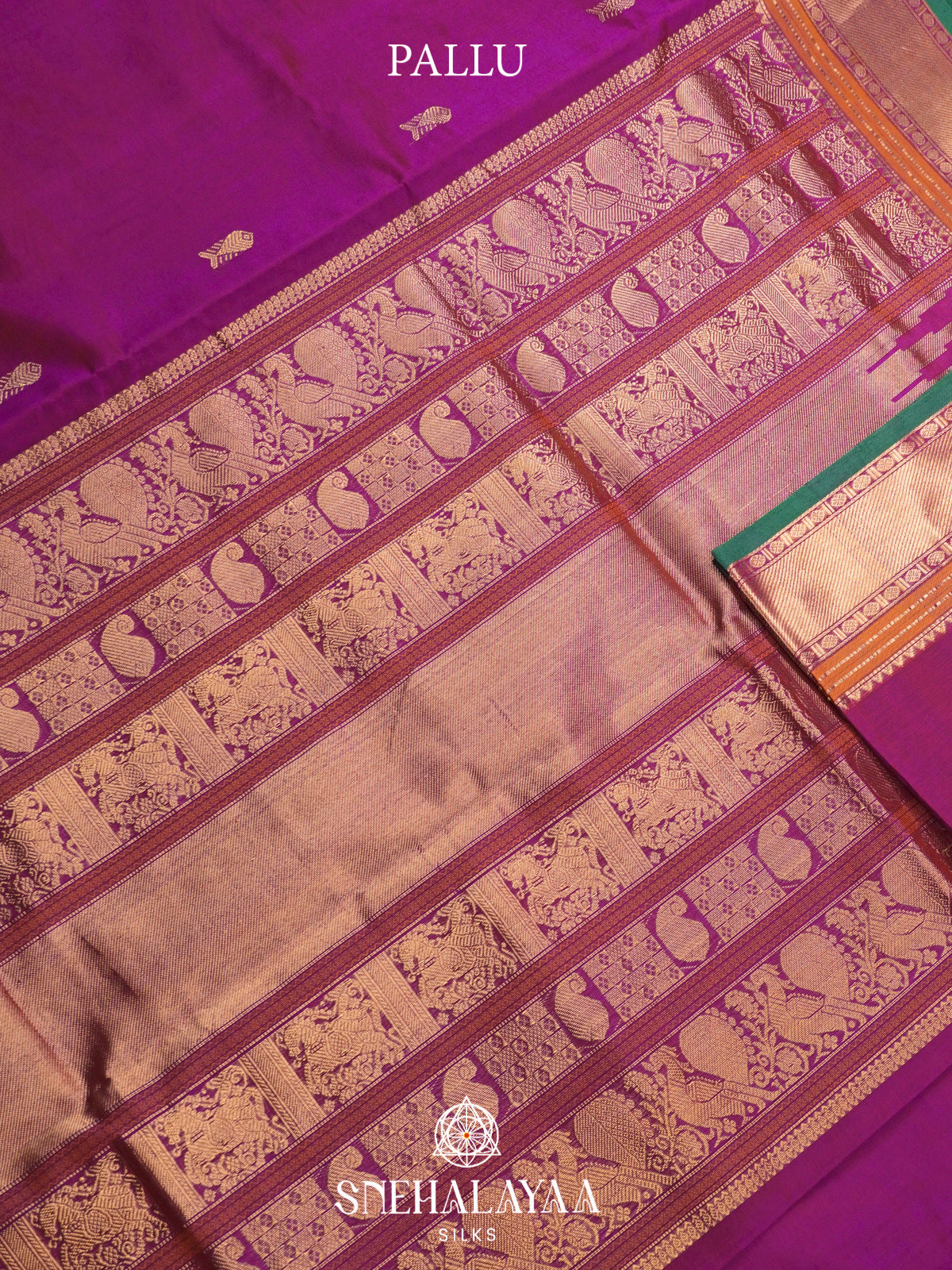 Magenta Kanchi Silk Cotton Saree with Teal Green Border