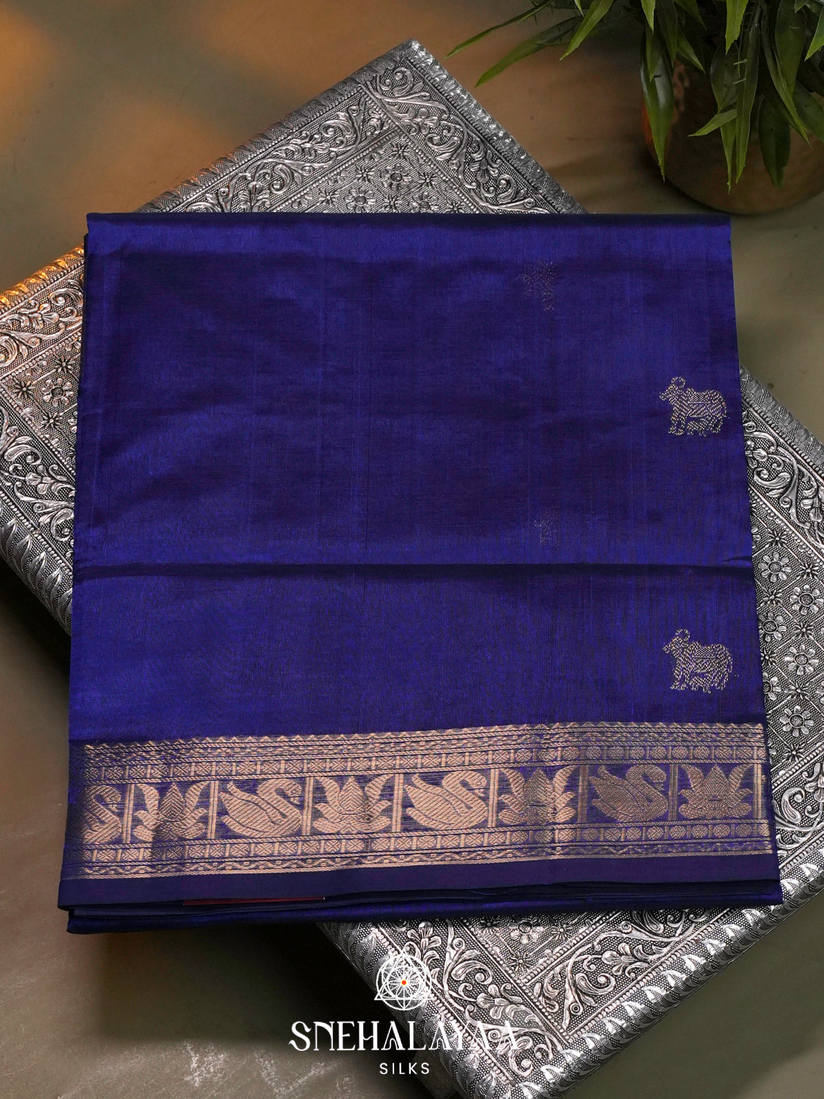 Royal Blue Kanchi Silk Cotton Saree with Antique Gold Swan and Lotus Border