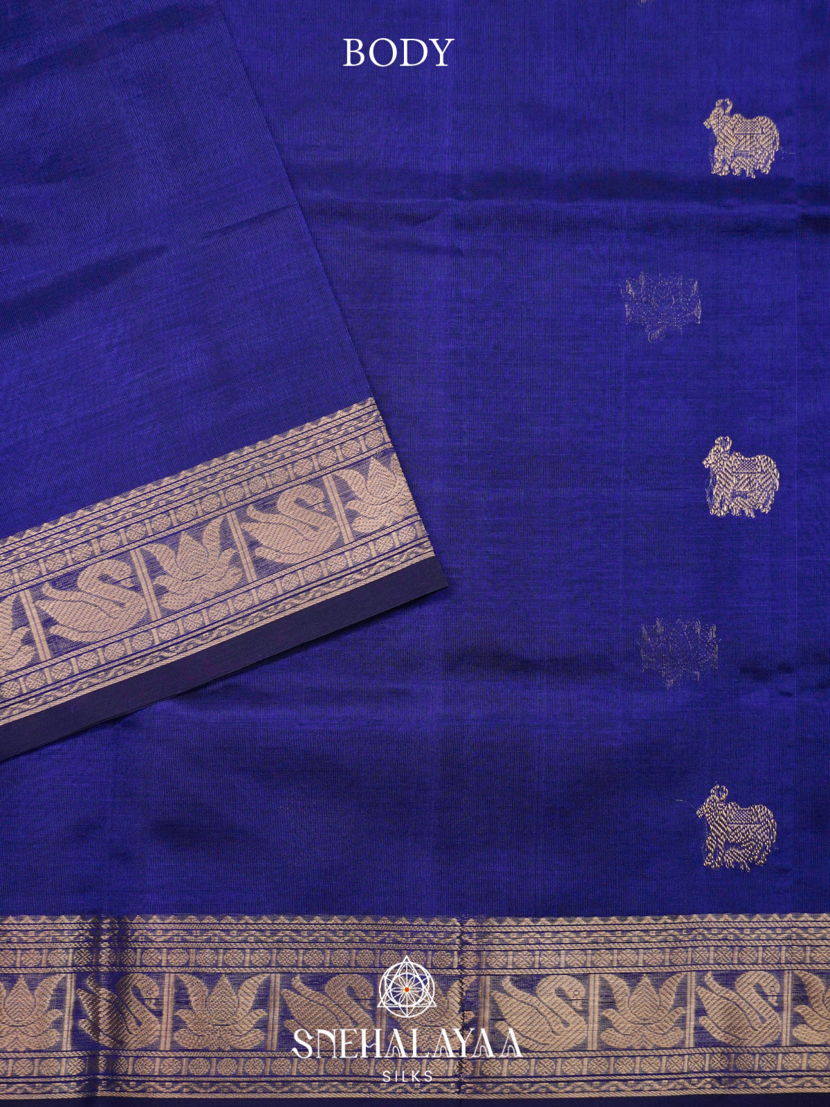 Royal Blue Kanchi Silk Cotton Saree with Antique Gold Swan and Lotus Border