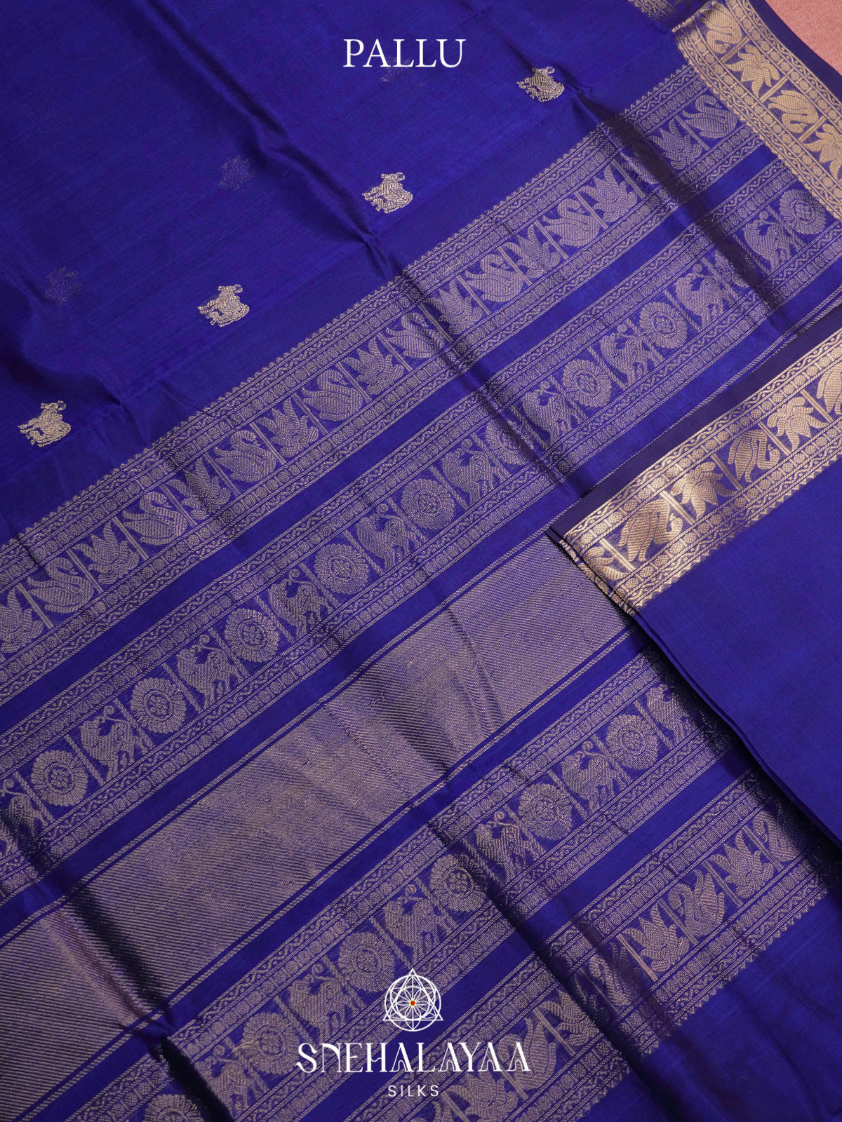 Royal Blue Kanchi Silk Cotton Saree with Antique Gold Swan and Lotus Border