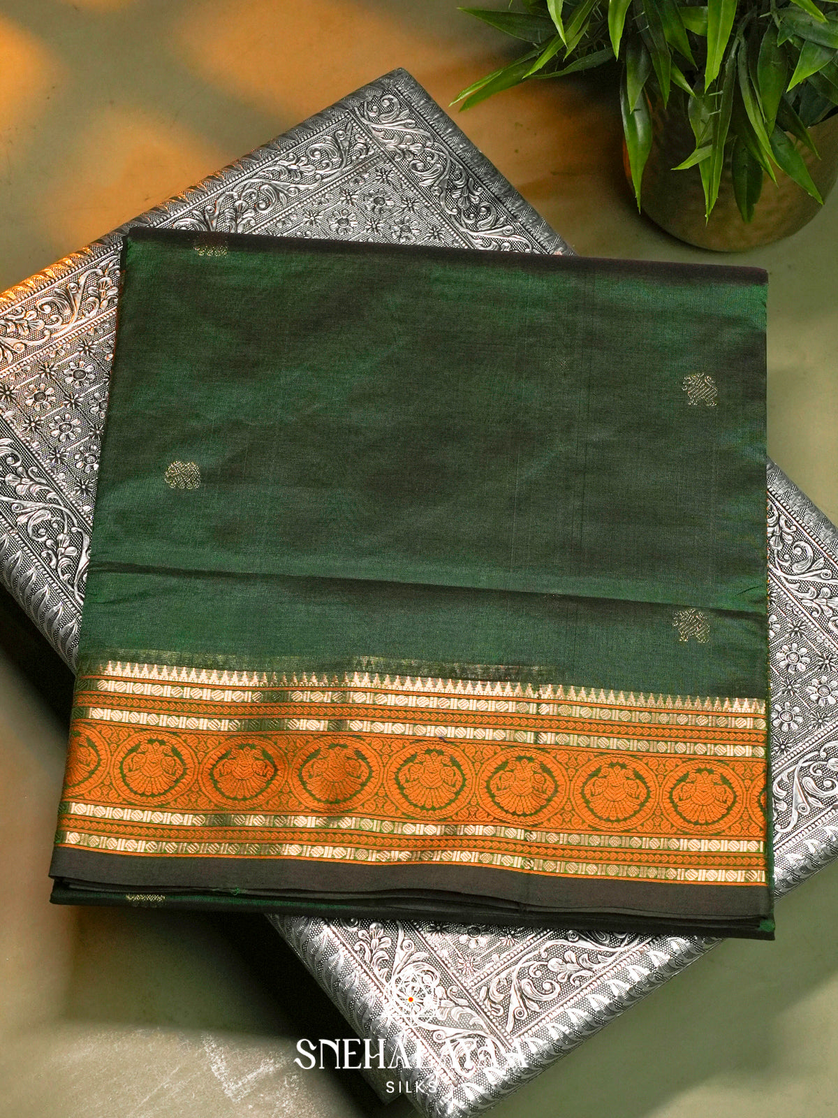 Bottle Green Kanchi Silk Cotton Saree with Mustard Orange Annapakshi Border