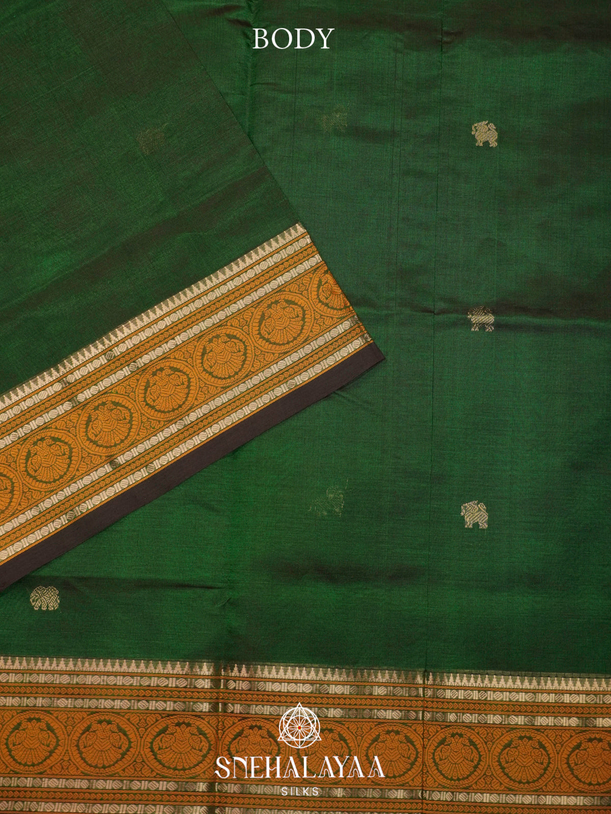 Bottle Green Kanchi Silk Cotton Saree with Mustard Orange Annapakshi Border
