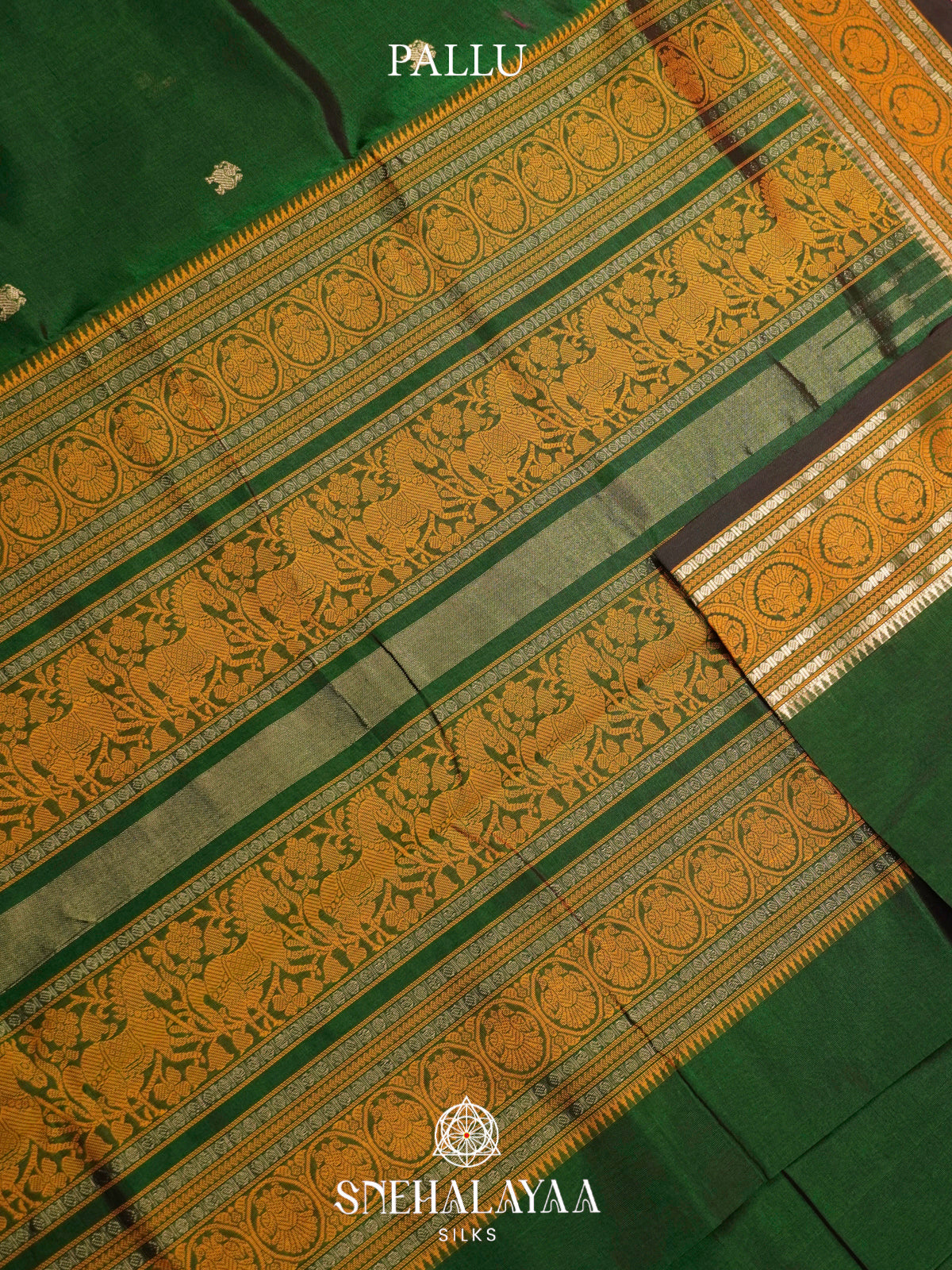 Bottle Green Kanchi Silk Cotton Saree with Mustard Orange Annapakshi Border
