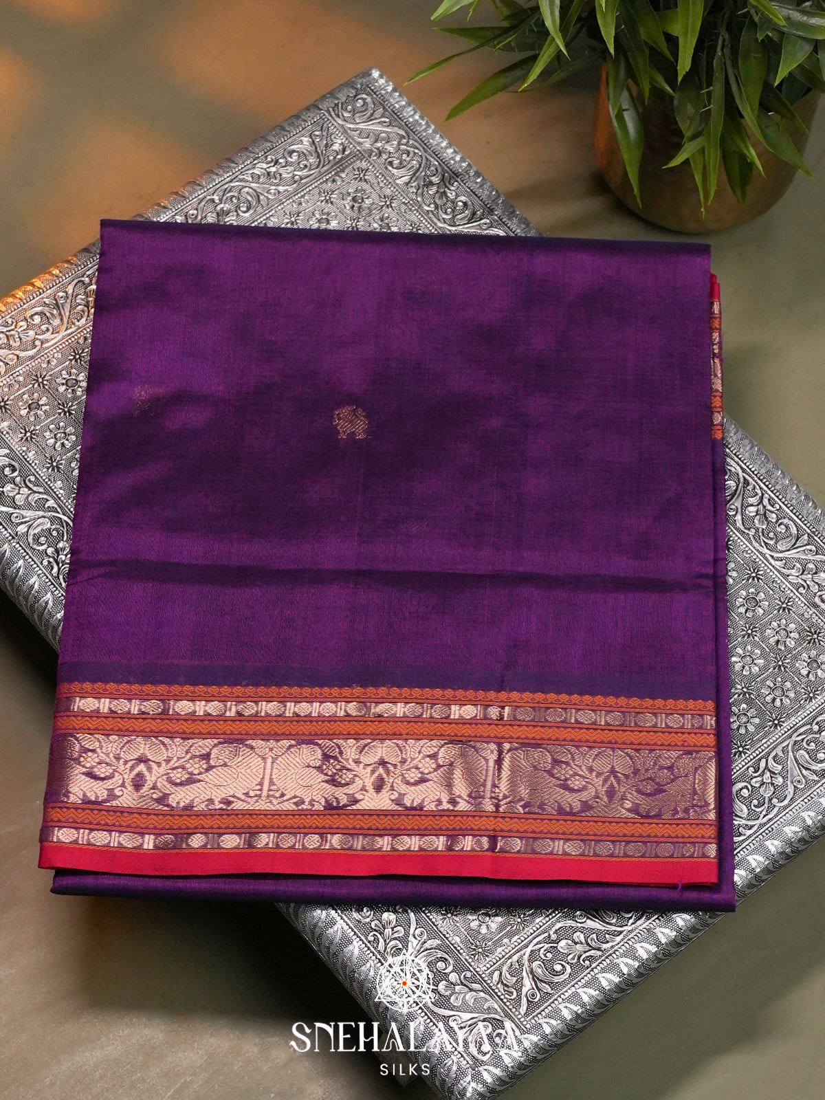 Purple Kanchi Silk Cotton Saree with Burnt Orange and Red Border