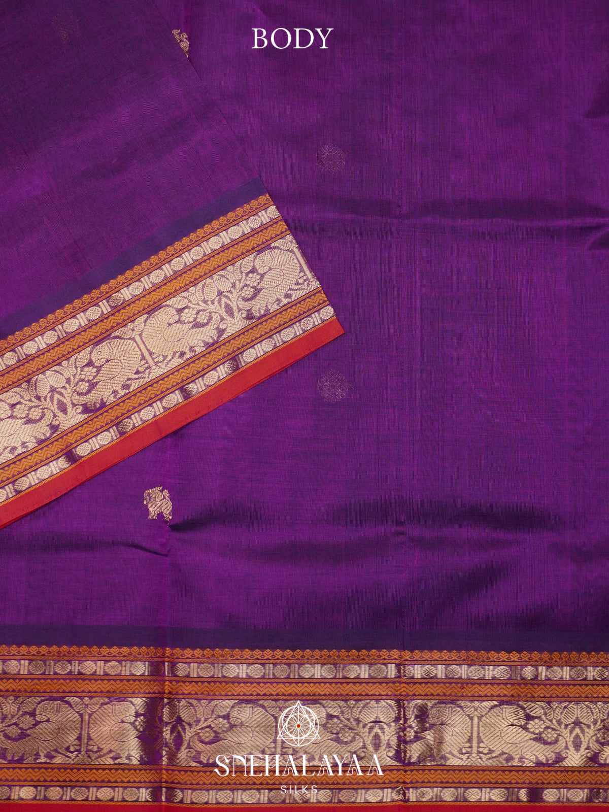 Purple Kanchi Silk Cotton Saree with Burnt Orange and Red Border