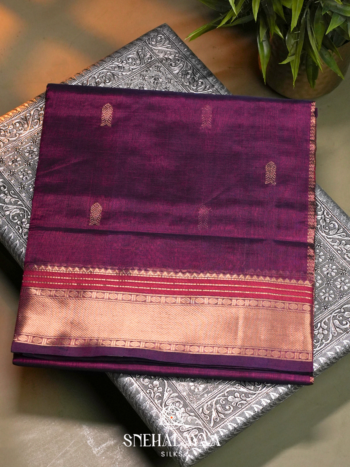 Purple Kanchi Silk Cotton Saree with Antique Gold and Magenta Border