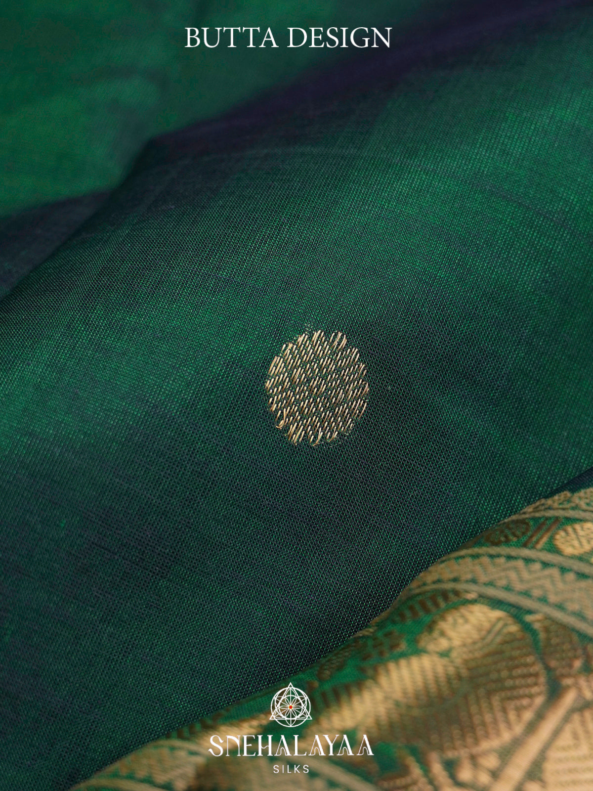 Bottle Green Kanchi Silk Cotton Saree with Antique Gold Peacock Border and Red Accent