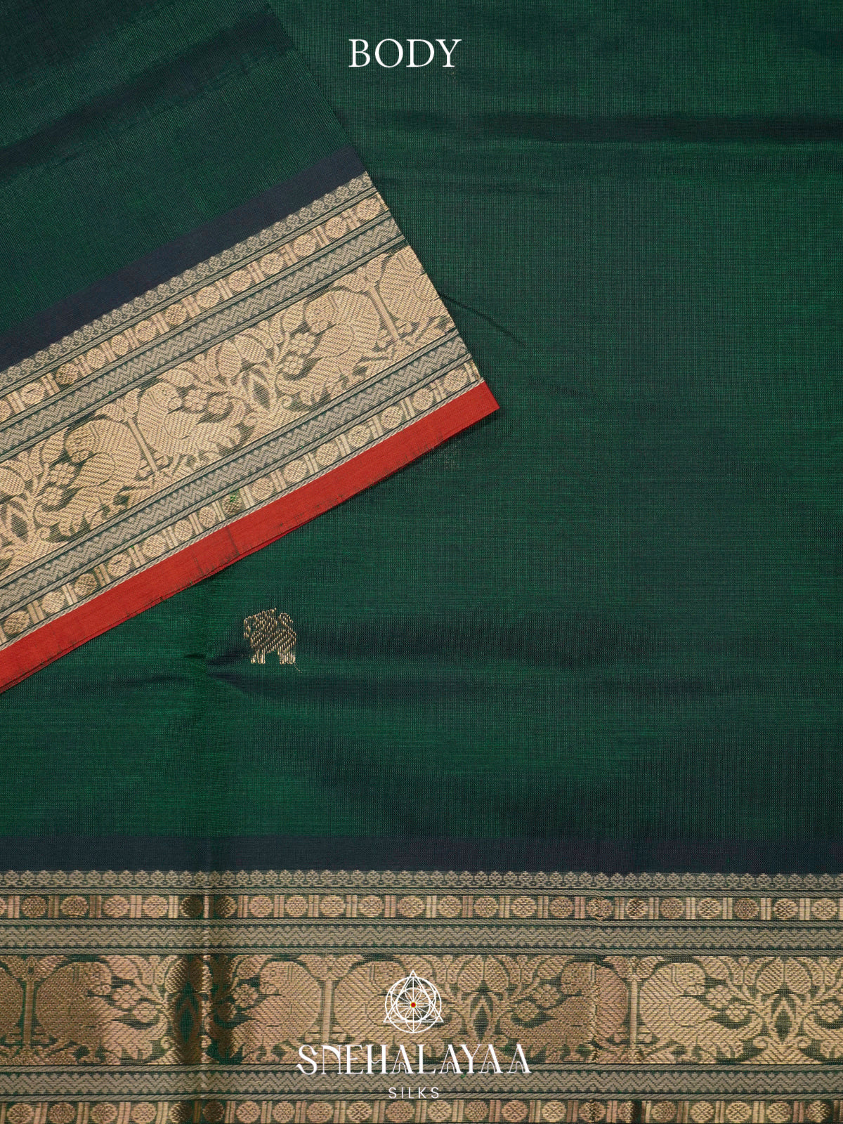 Bottle Green Kanchi Silk Cotton Saree with Antique Gold Peacock Border and Red Accent