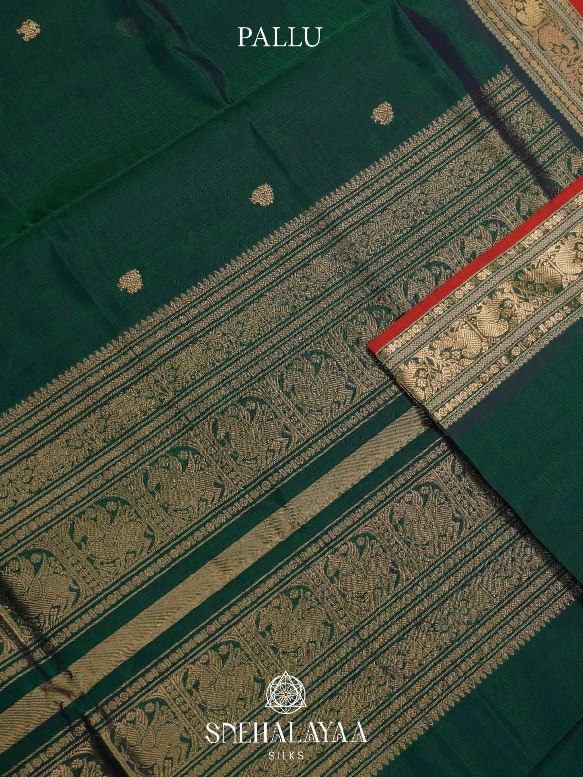 Bottle Green Kanchi Silk Cotton Saree with Antique Gold Peacock Border and Red Accent