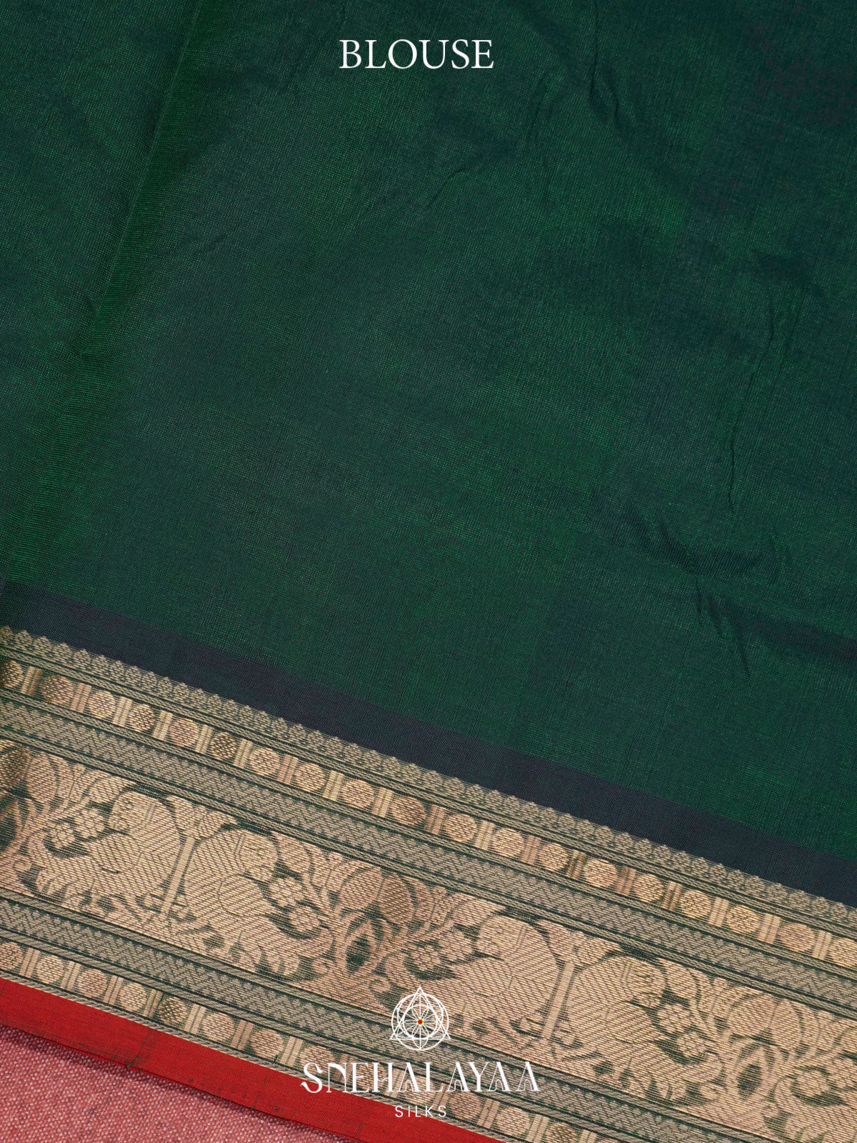 Bottle Green Kanchi Silk Cotton Saree with Antique Gold Peacock Border and Red Accent