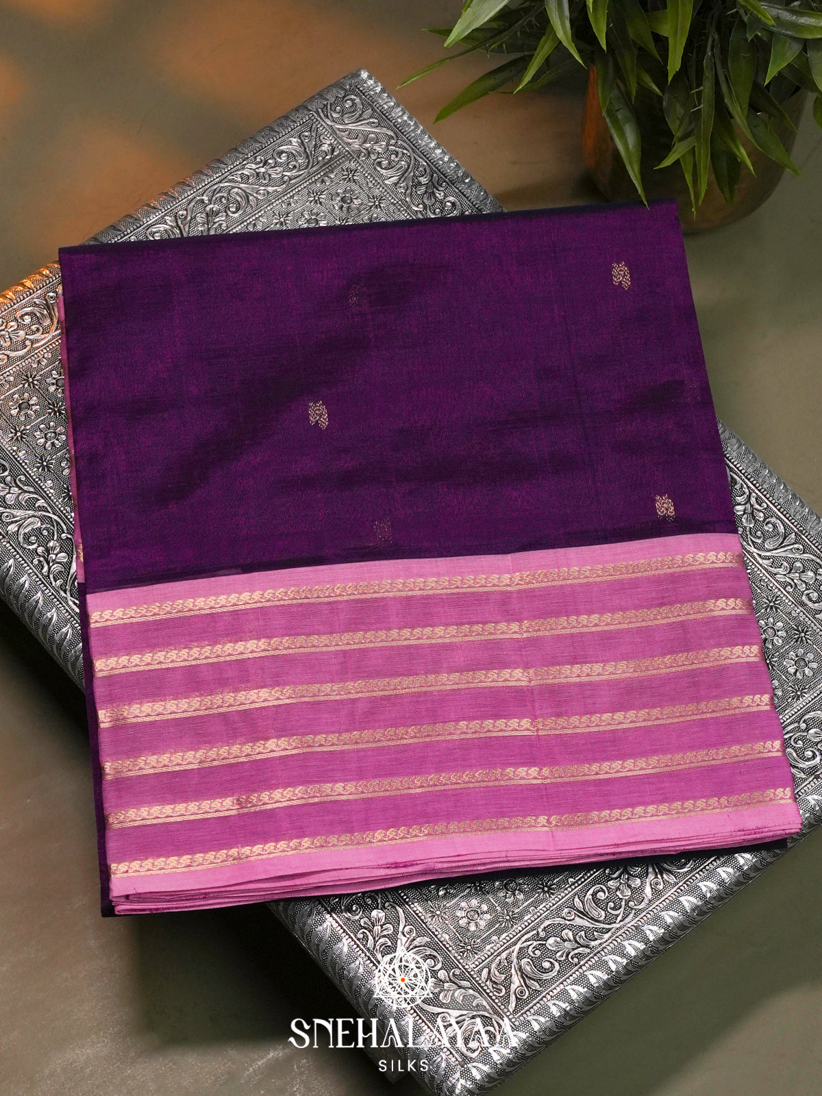 Purple Kanchi Silk Cotton Saree with Gold Zari Buttas & Contrast Lavender-Pink Border
