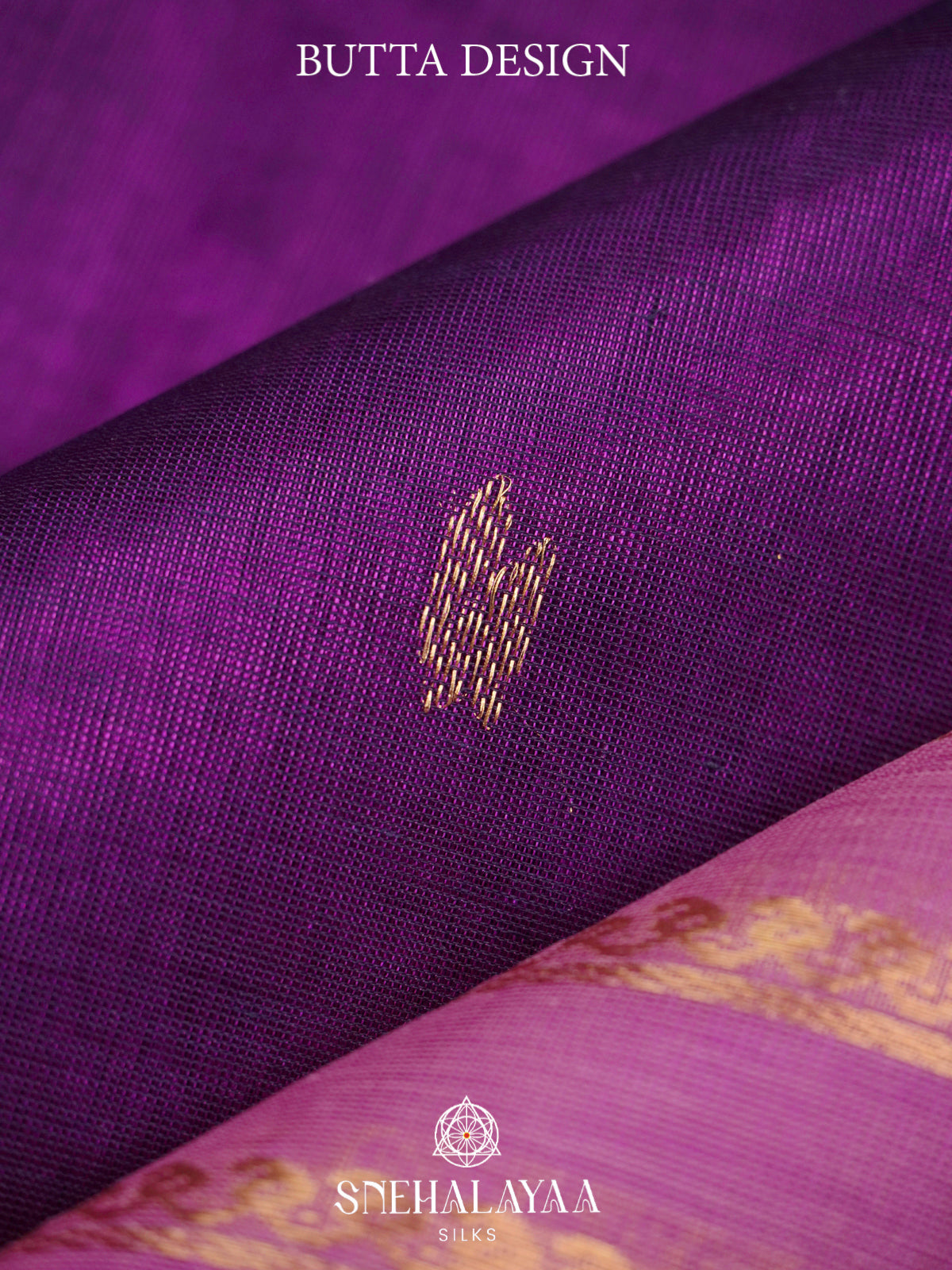 Purple Kanchi Silk Cotton Saree with Gold Zari Buttas & Contrast Lavender-Pink Border