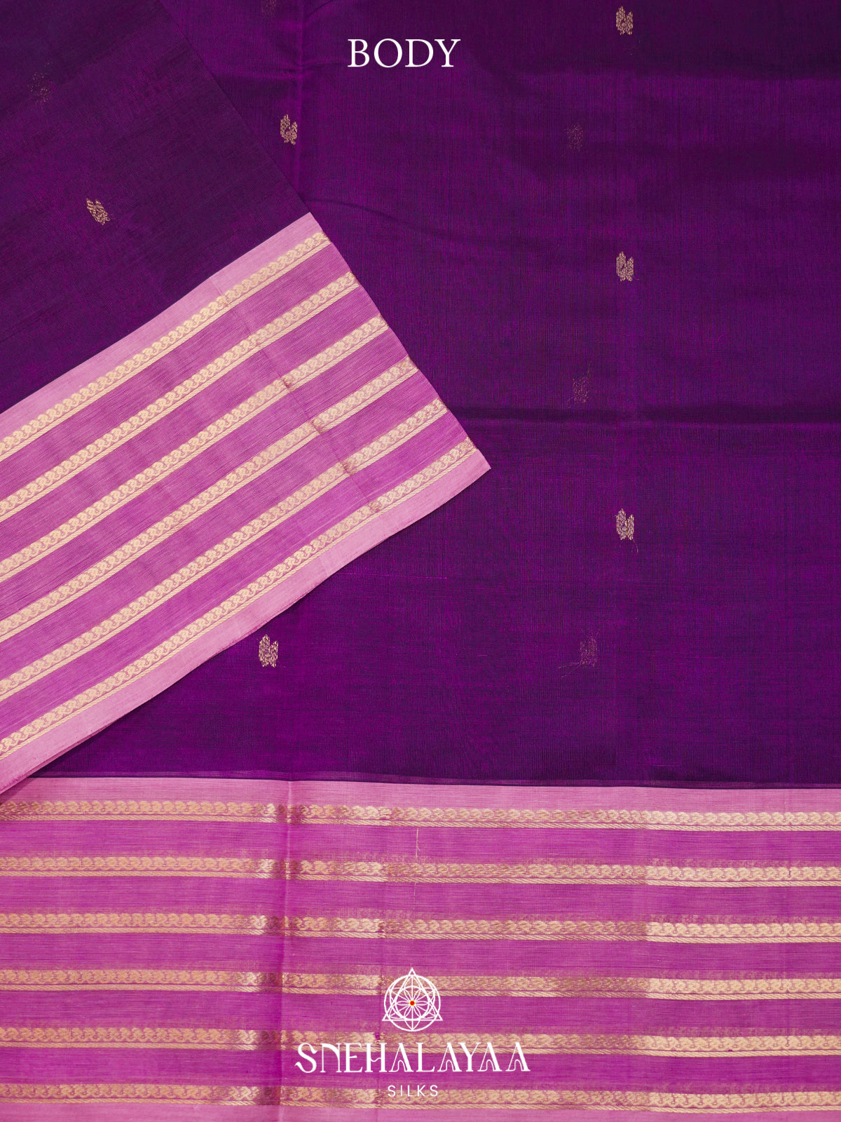 Purple Kanchi Silk Cotton Saree with Gold Zari Buttas & Contrast Lavender-Pink Border