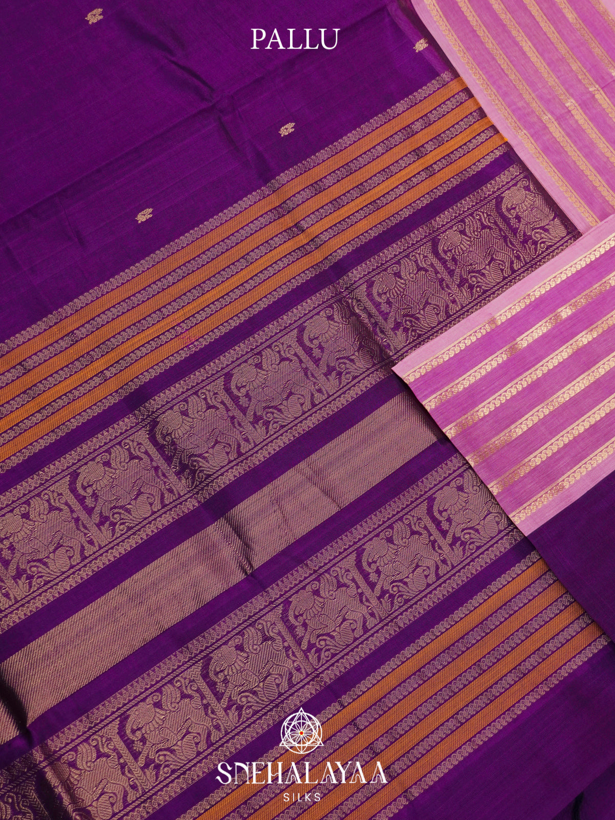 Purple Kanchi Silk Cotton Saree with Gold Zari Buttas & Contrast Lavender-Pink Border