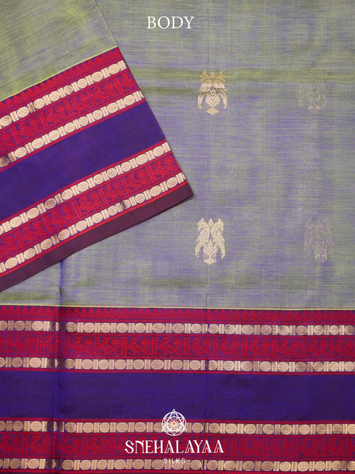 Sage Green Kanchi Silk Cotton Saree with Violet and Crimson Peacock Border