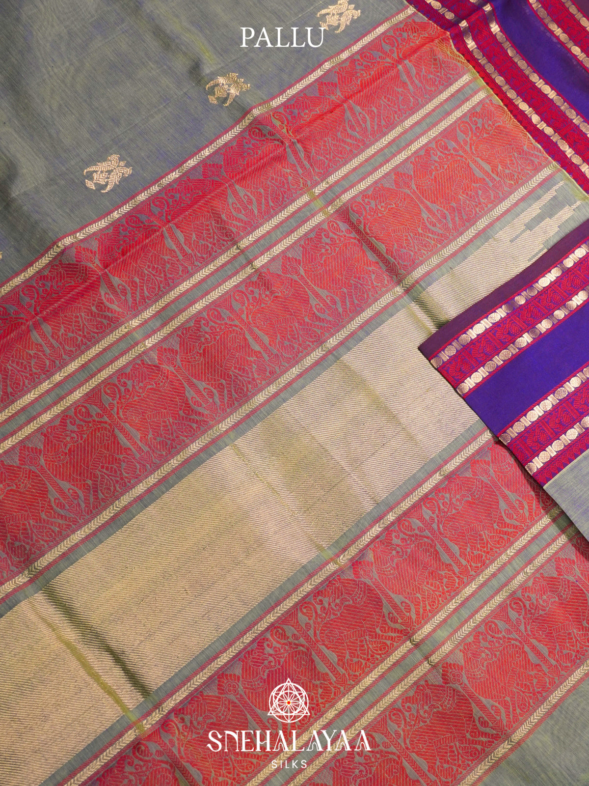 Sage Green Kanchi Silk Cotton Saree with Violet and Crimson Peacock Border